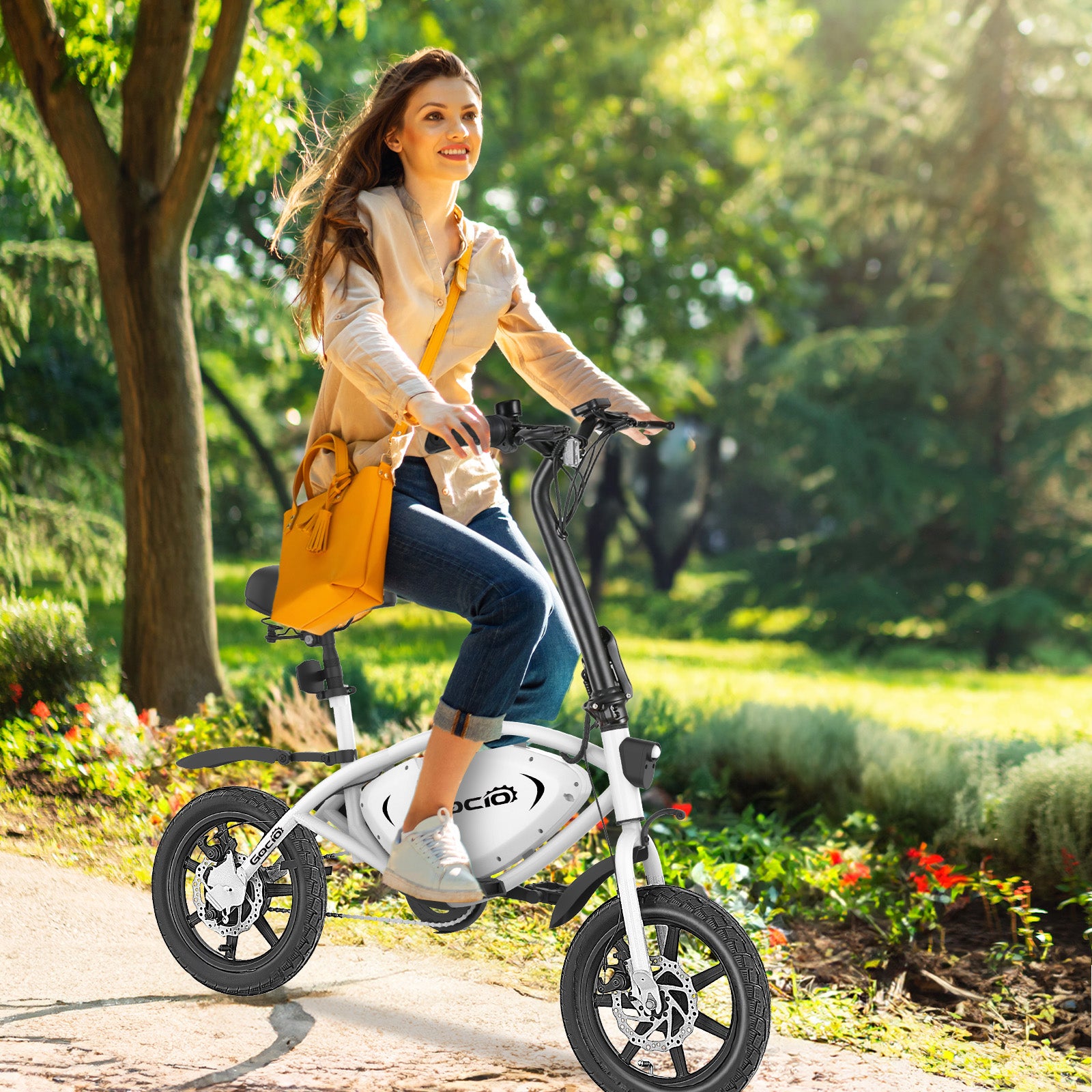 Gocio 14" Foldable Electric Bike, 375Wh 48V Electric Bicycles for Adults Women Teens, Peak 500W City Commuter Cruiser Ebikes, LED Display, E bike One-Piece Tire with 5 Riding Modes UL2849