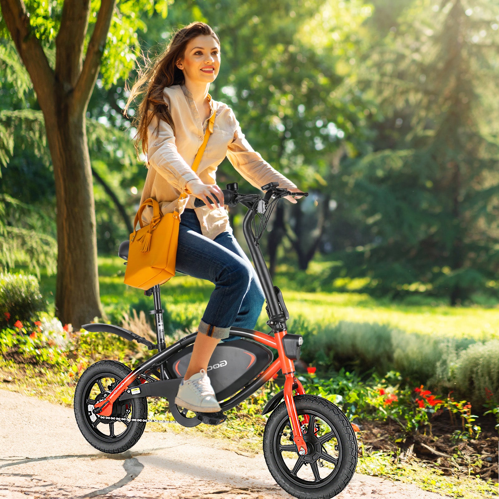 Gocio 14" Foldable Electric Bike, 375Wh 48V Electric Bicycles for Adults Women Teens, Peak 500W City Commuter Cruiser Ebikes, LED Display, E bike One-Piece Tire with 5 Riding Modes UL2849