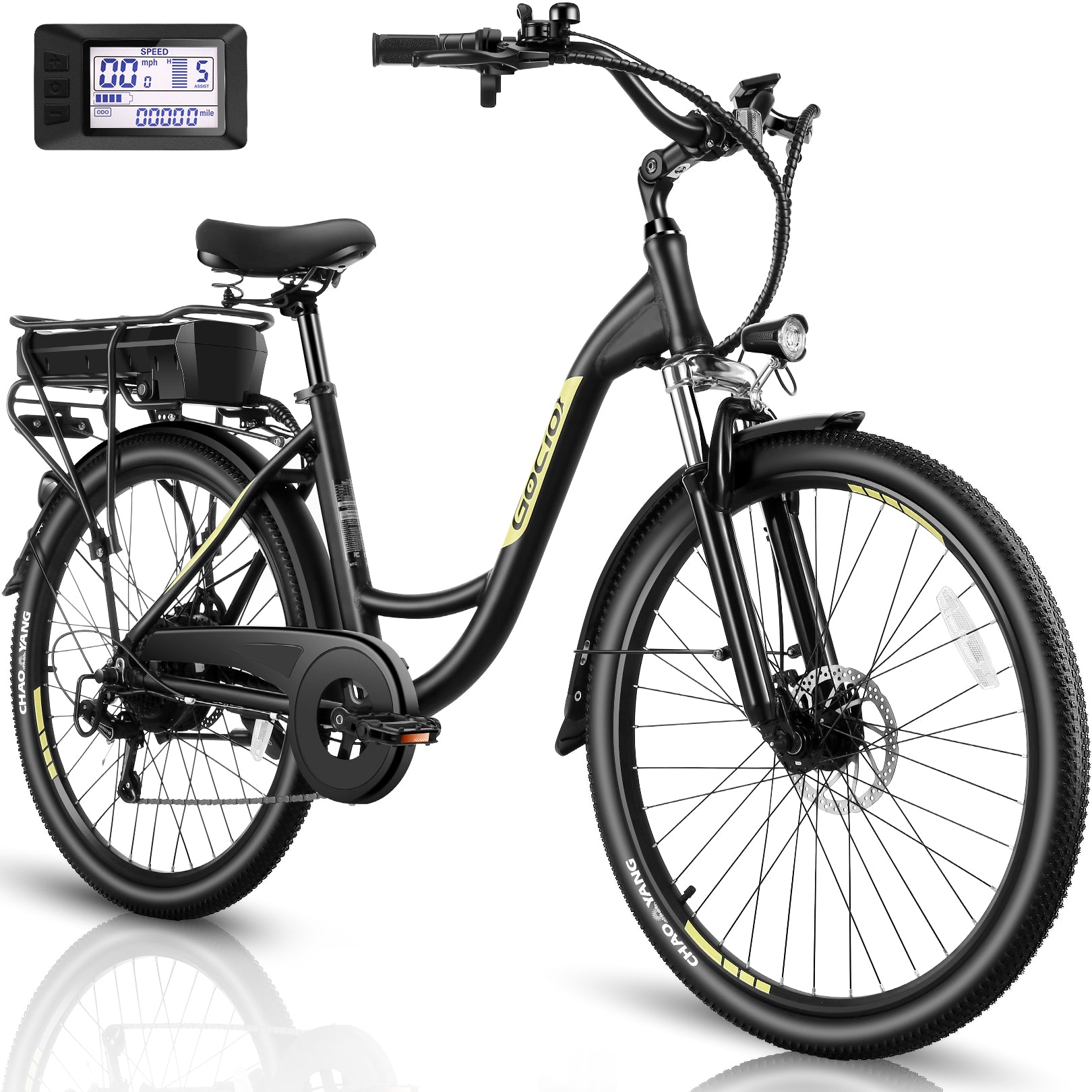 Gocio 26" Peak 700W Low Frame Electric Bike for Adults, Long-Lasting 48V 10.4Ah Battery, LCD Display, 5 Riding Modes, Headlight and Taillight, 7 Speeds Commuter Women Ebike, City Cruiser Ebike, Black