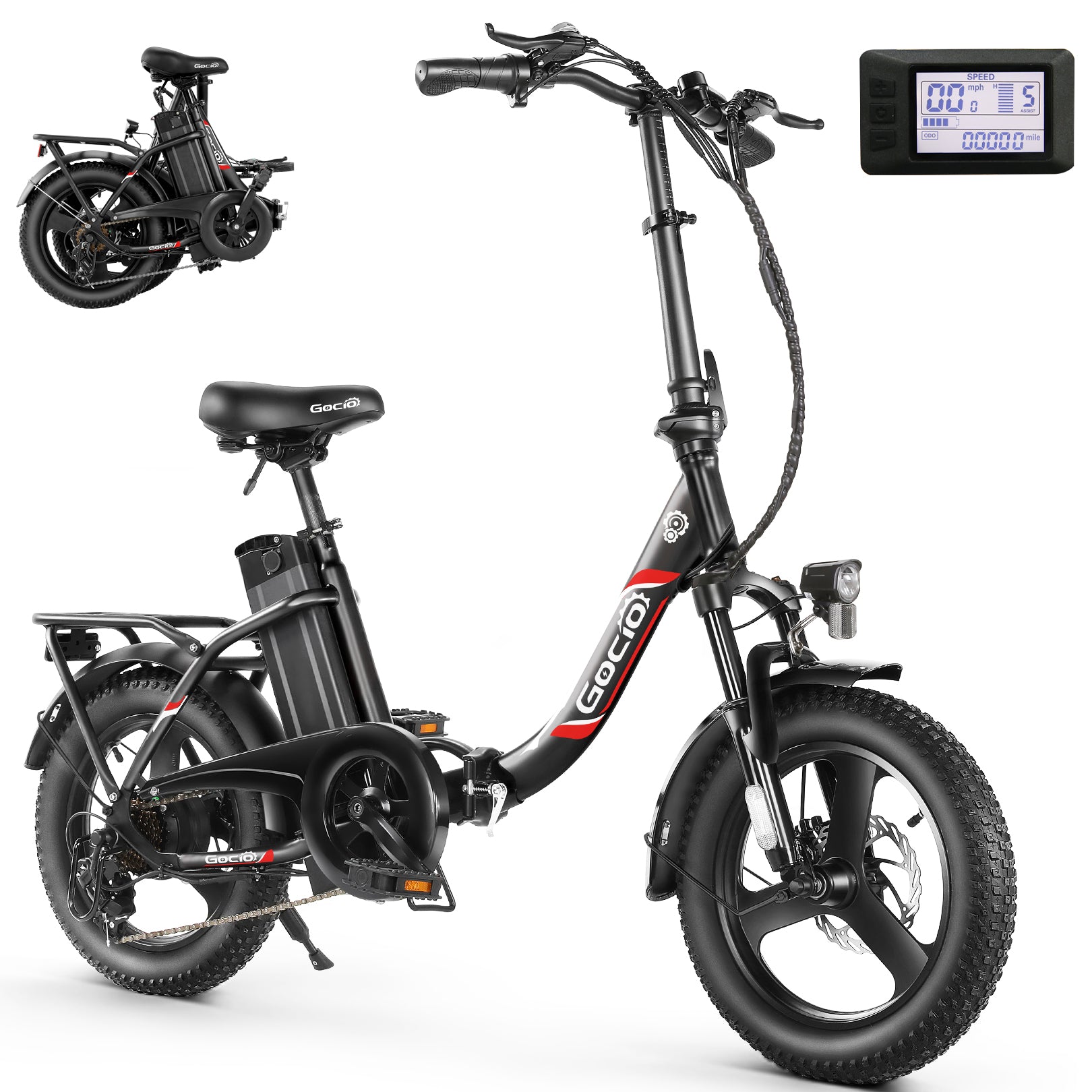 Gocio Electric Bike 3.0 Fat Tire Foldable Ebike, 48V 374.4Wh Battery, Peak 700W Folding Electric Bike, Lockable Suspension Fork, LCD, 16" One-Piece Tire Electric Bicycles for Women Adults UL2849 - GOCIO