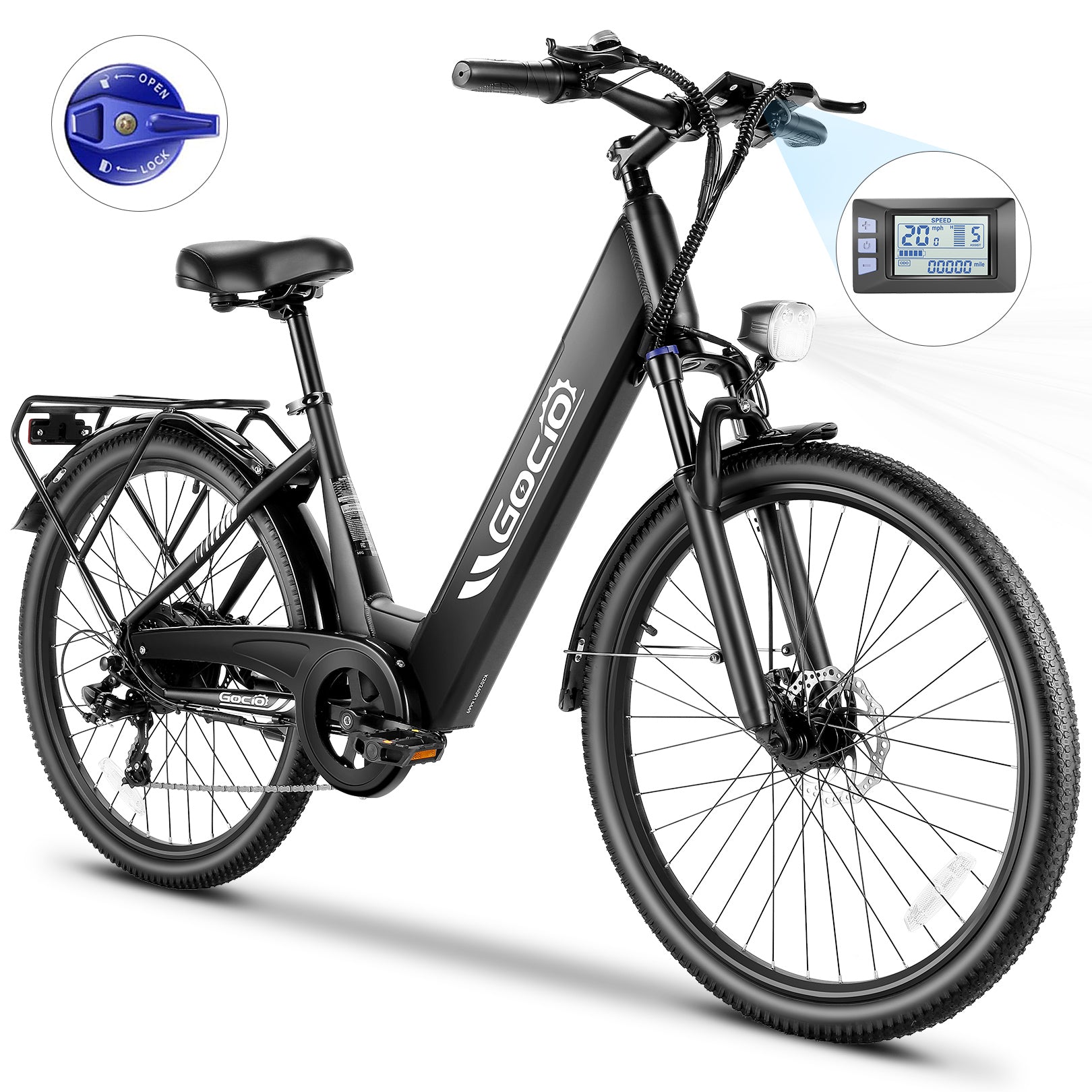 Gocio 26" x 2.1" Electric Bike for Adults, 500W Commuter Ebike, 48V 720wh Built-in Battery, 5 Riding Modes, Max 60 Miles, LCD, Lockable Front Suspension Step Thru E Bikes UL 2849
