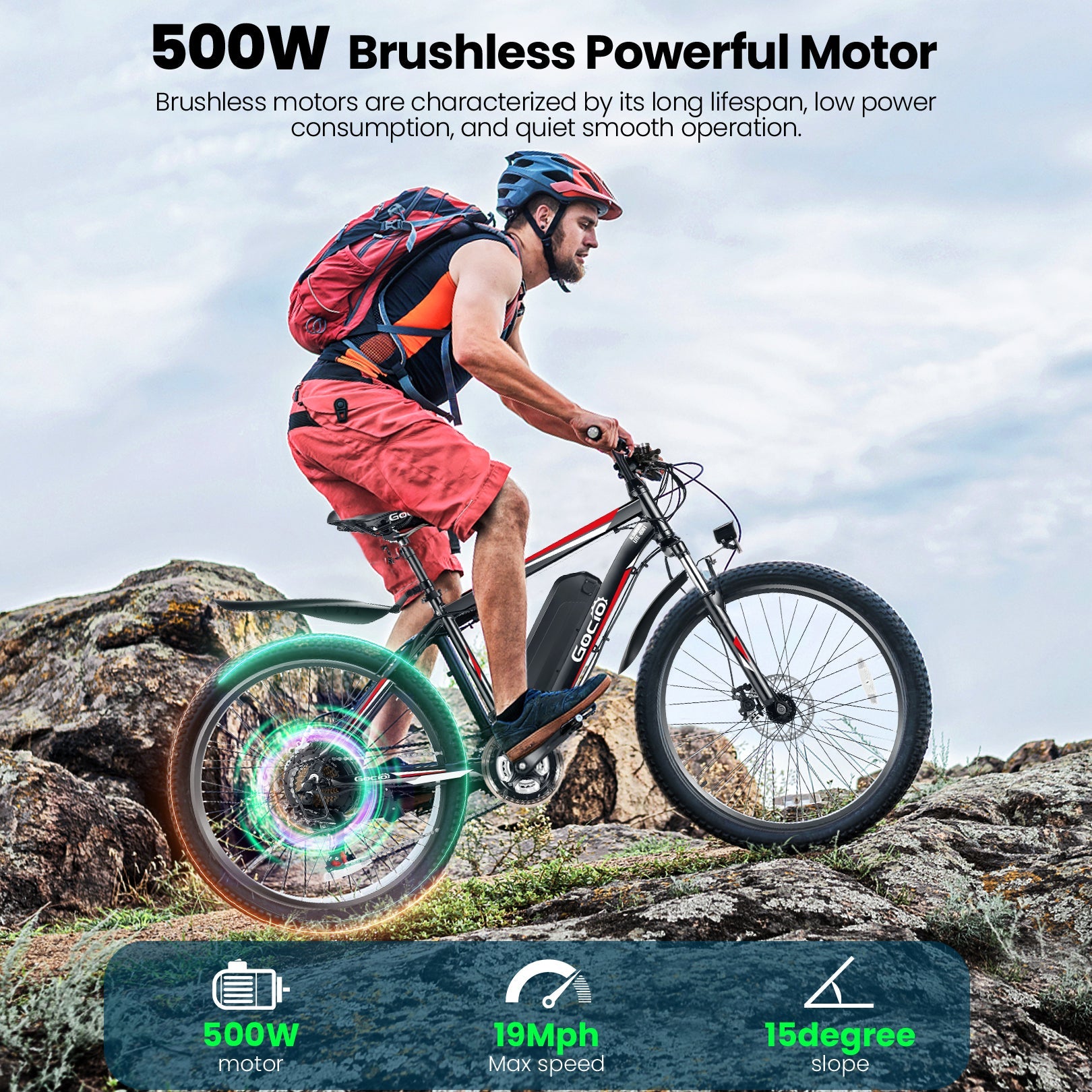 Gocio Electric Bike 500W Adult Electric Mountain Bike 26" Off Road Electric Bicycle 21 Speed Commuter E-Bike Max 19.8mph with 48V 375Wh Battery UL2849 - GOCIO