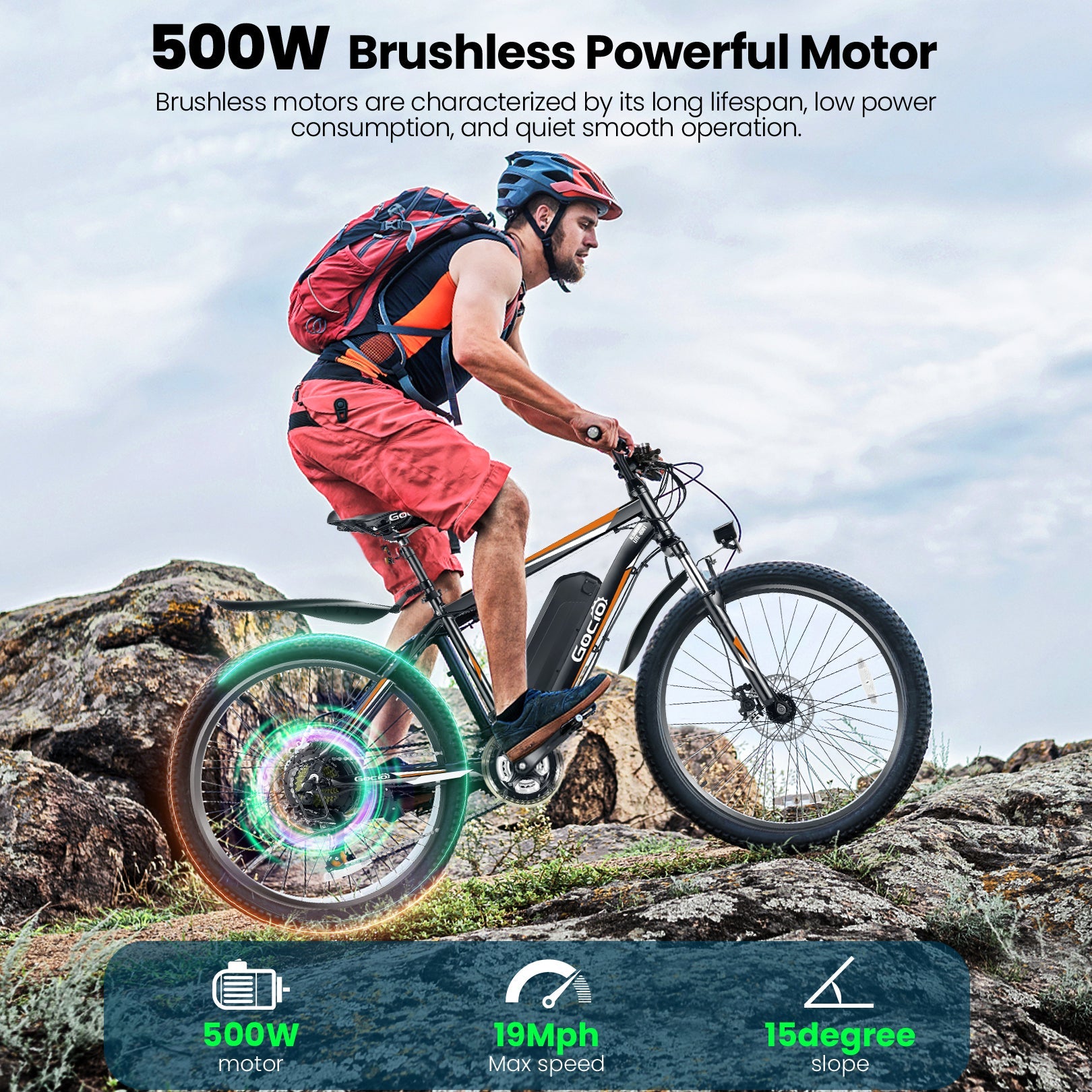 Gocio Electric Bike 500W Adult Electric Mountain Bike 26" Off Road Electric Bicycle 21 Speed Commuter E-Bike Max 19.8mph with 48V 375Wh Battery UL2849 - GOCIO