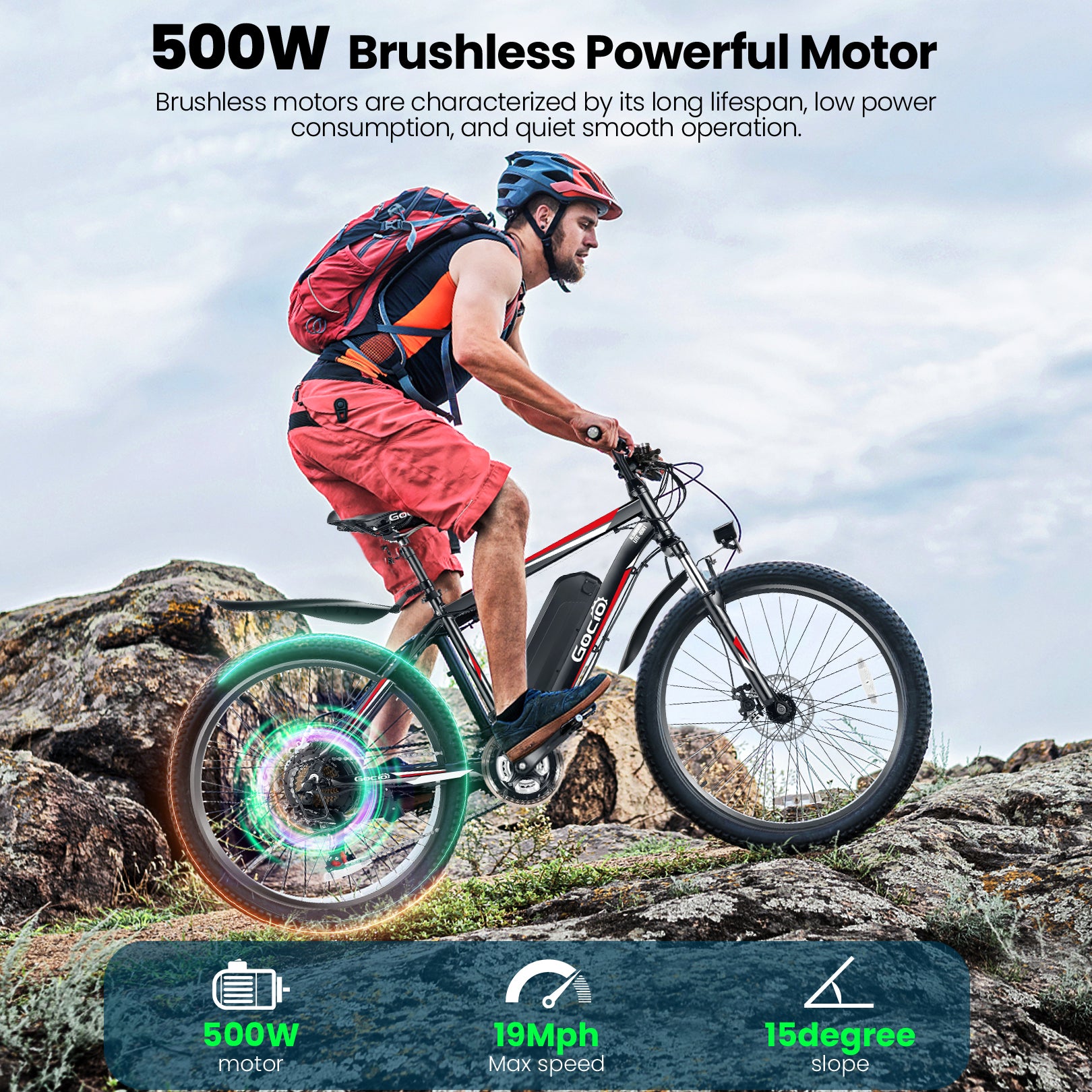 Gocio 500W Electric Bike 26" Electric Bicycle for Adults Max 19.8mph Cruise Control System Ebike, Mountain Bike with Removable 48V 375Wh Lithium-Ion Battery, 21 Speed E Bicycle for Man Woman UL2849 - GOCIO
