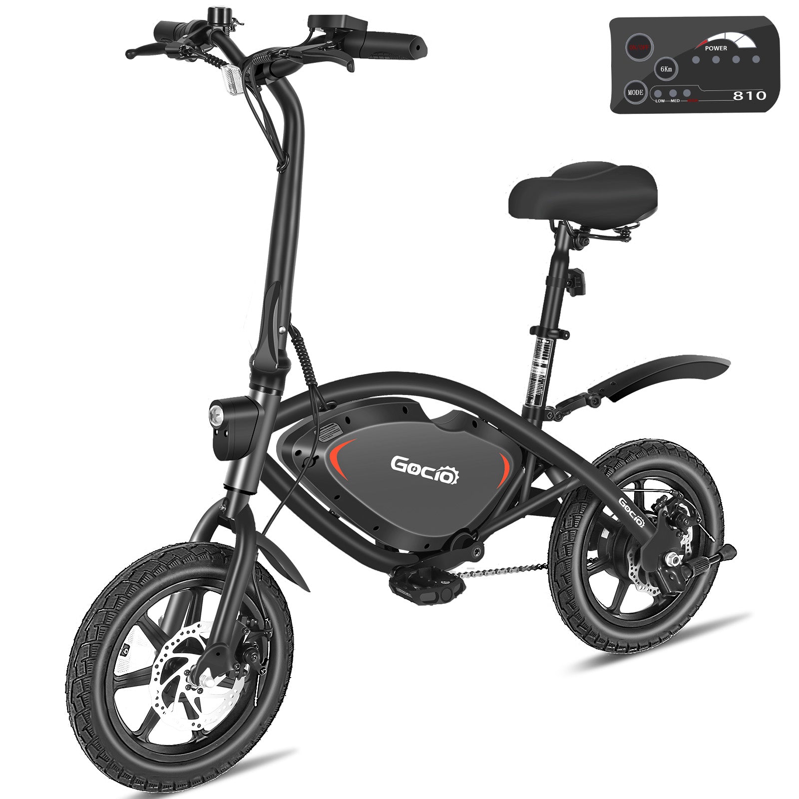 Gocio 14" Foldable Electric Bike, 375Wh 48V Electric Bicycles for Adults Women Teens, Peak 500W City Commuter Cruiser Ebikes, LED Display, E bike One-Piece Tire with 5 Riding Modes UL2849