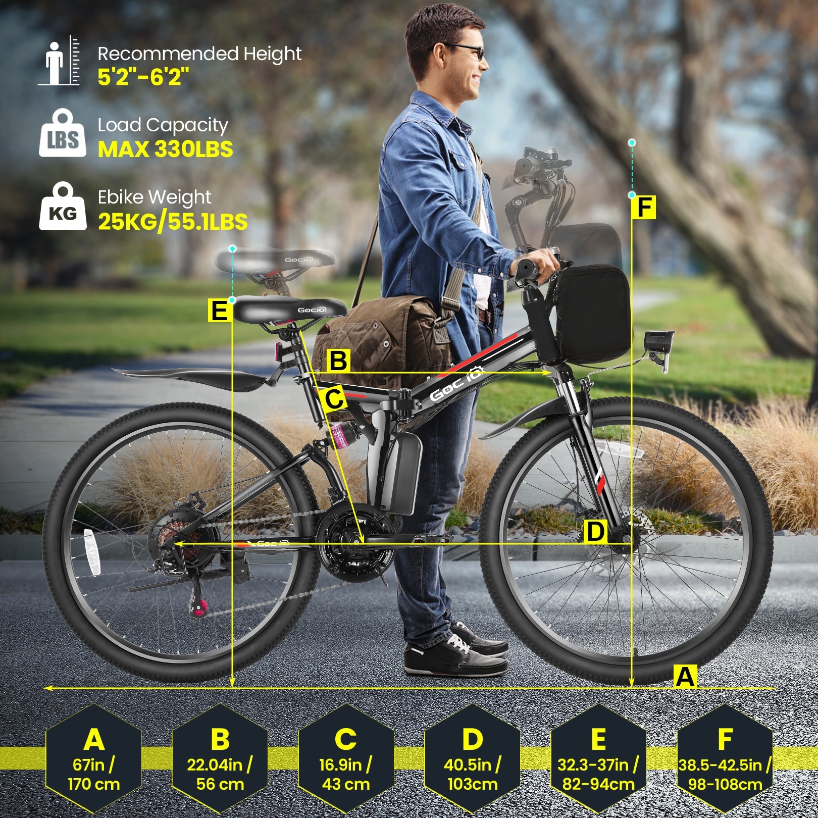 Gocio Electric Bike 500W Folding Electric Mountain Bike 26" Full Suspension Adult Electric Bike 21 Speed Max 19.8Mph with 48V 374.4Wh Battery UL2849 - GOCIO