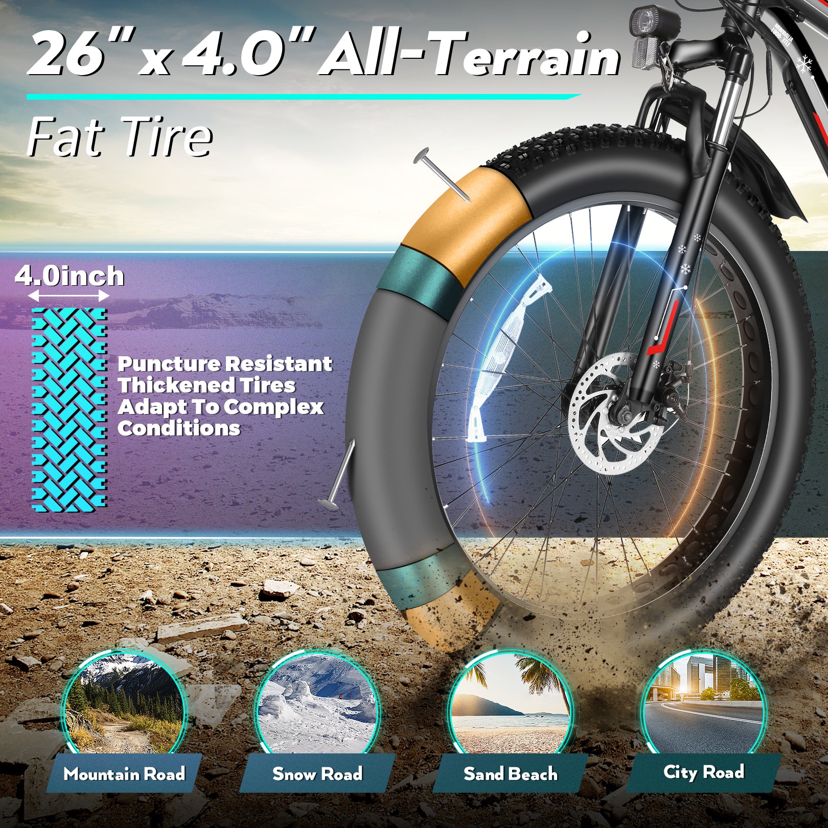 Gocio 26" 4.0 Fat Tire Electric Bike for Adults, 500W Adults E Bike, 48V 13Ah Battery, Max 22Mph Electric Mountain Bike Beach Bicycle Snow Bike Ebike for Men, Professional 7-Speed UL2849