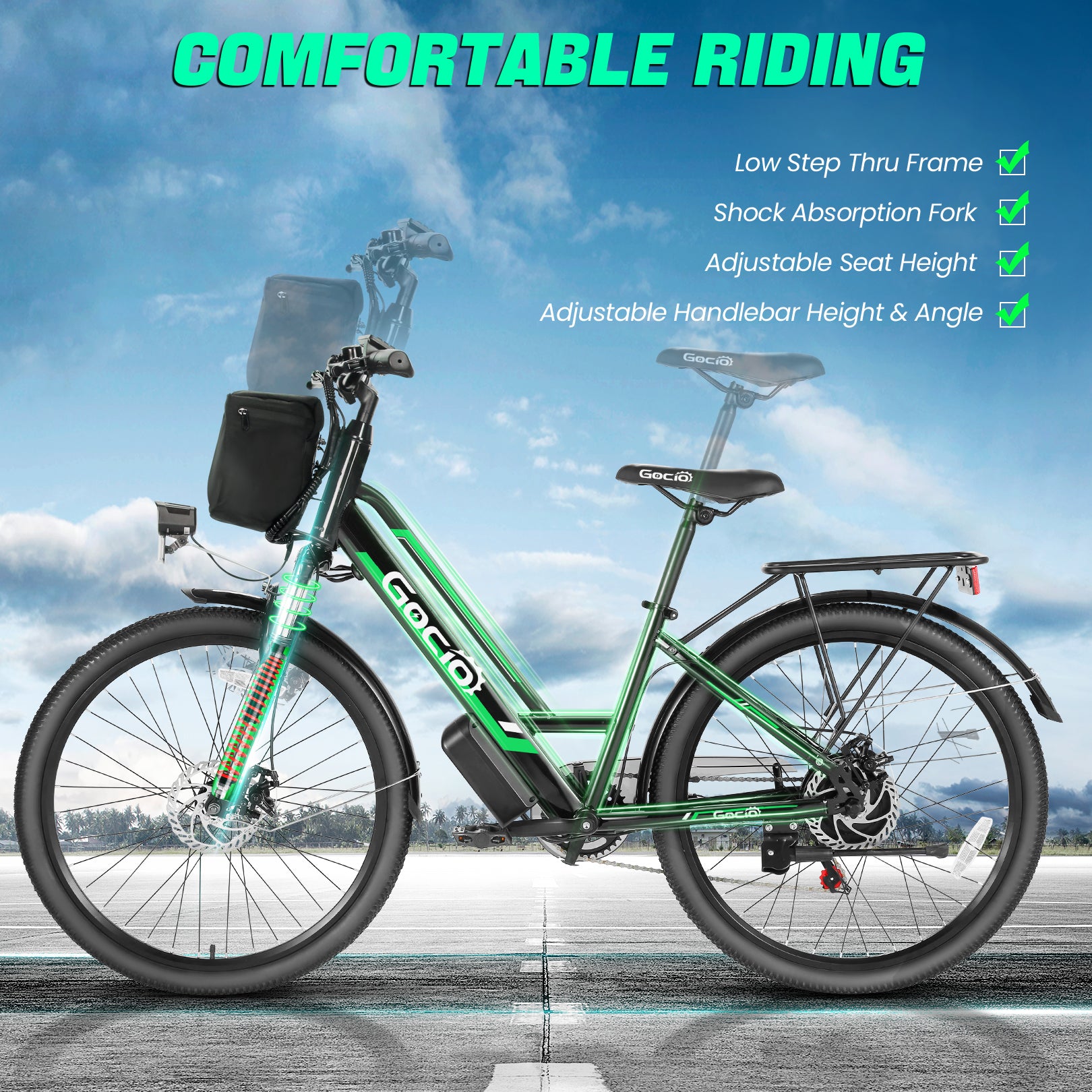 Gocio 500W 26" Electric Bike 48V Electric Bicycle for Adults, 19.8mph Cruiser Ebike, Electric Commuter Bike with Carrier Rack, Low Step Frame Shimano 7 Speed for Men Women Senior UL 2849