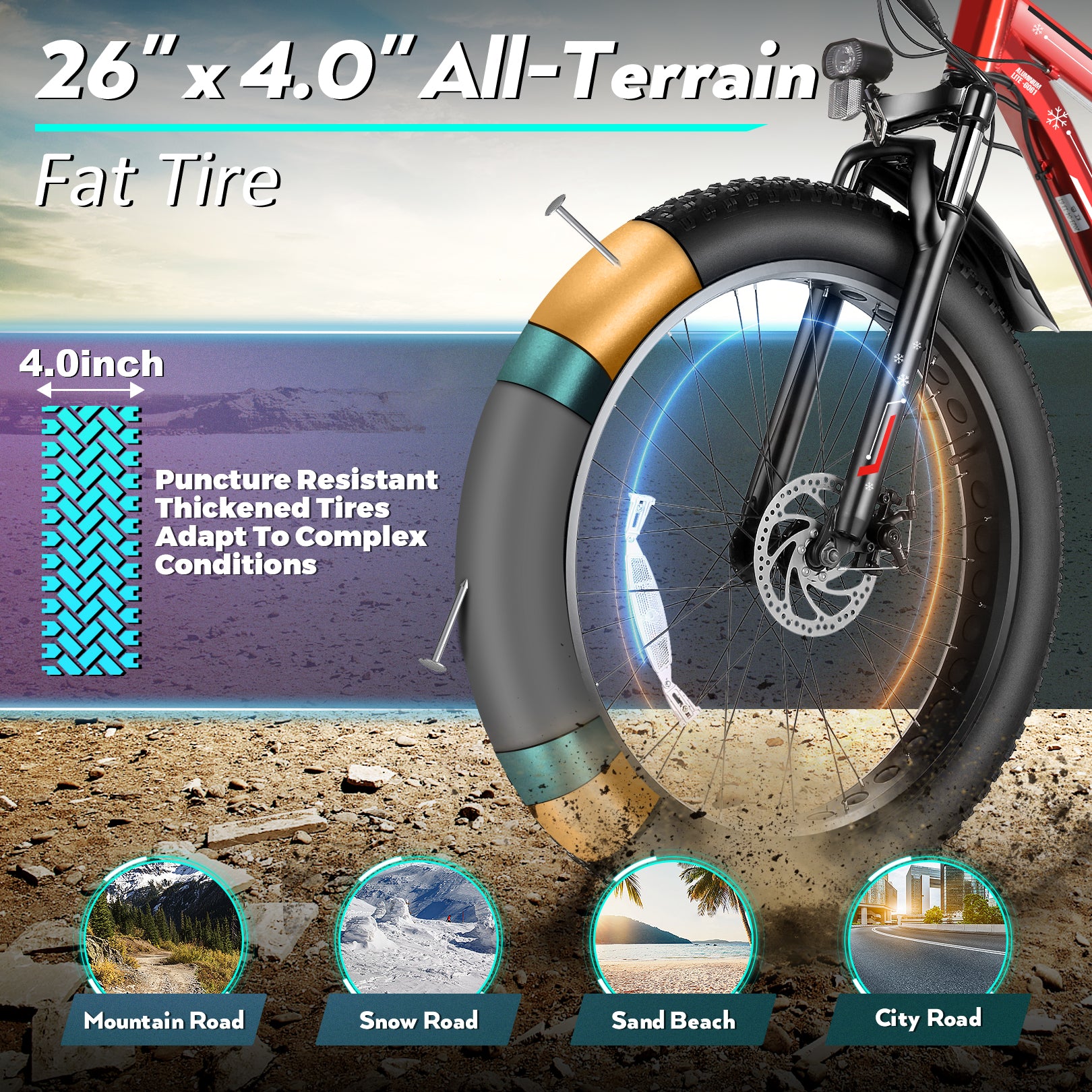 Gocio 26" 4.0 Fat Tire Electric Bike for Adults, 500W Adults E Bike, 48V 13Ah Battery, Max 22Mph Electric Mountain Bike Beach Bicycle Snow Bike Ebike for Men, Professional 7-Speed UL2849