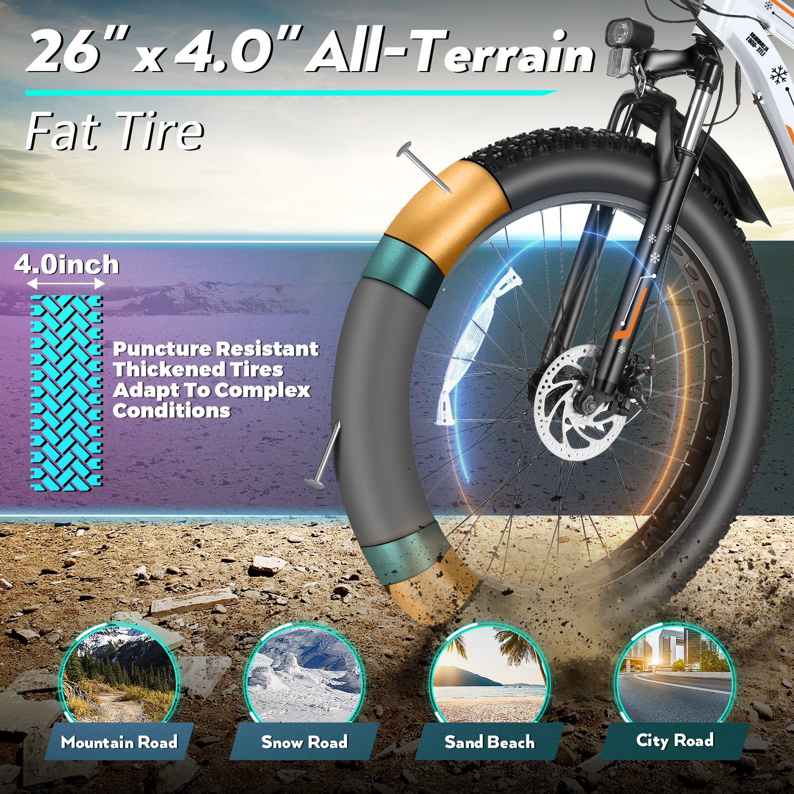 Gocio 26" 4.0 Fat Tire Electric Bike for Adults, 500W Adults E Bike, 48V 13Ah Battery, Max 22Mph Electric Mountain Bike Beach Bicycle Snow Bike Ebike for Men, Professional 7-Speed UL2849