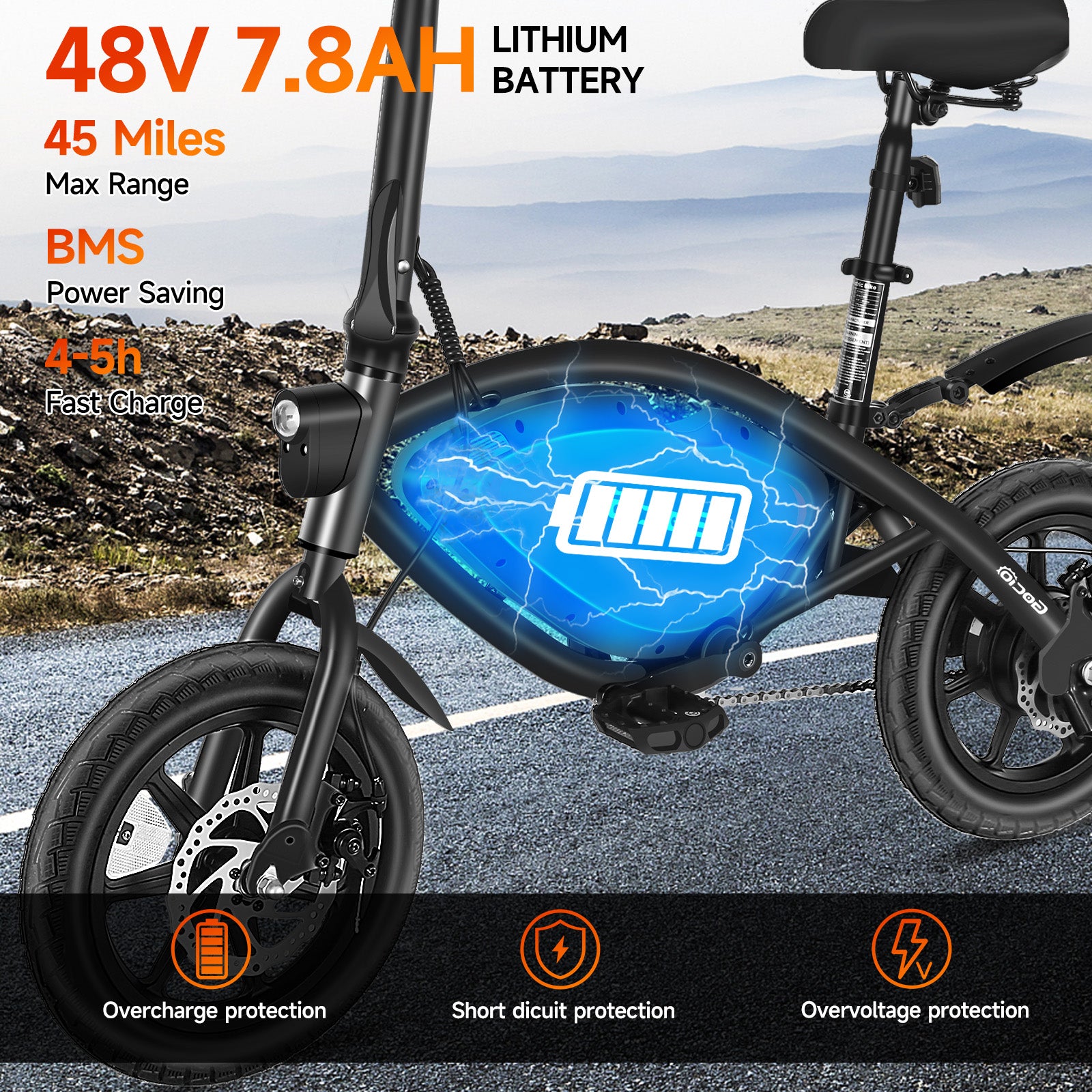 Gocio 14" Foldable Electric Bike, 375Wh 48V Electric Bicycles for Adults Women Teens, Peak 500W City Commuter Cruiser Ebikes, LED Display, E bike One-Piece Tire with 5 Riding Modes UL2849