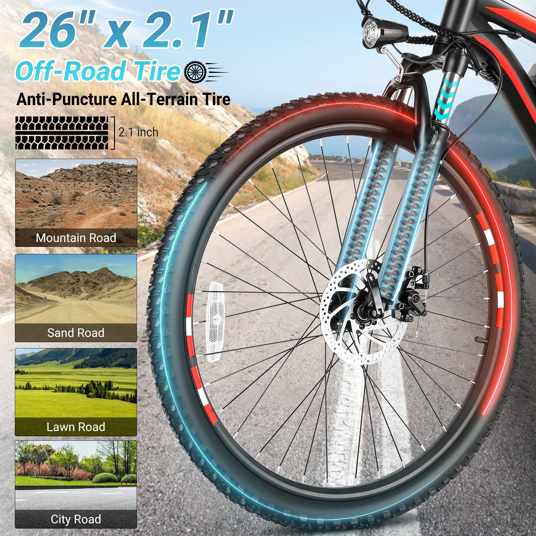 Gocio 26" x 2.1" Electric Bike 500W Electric Bike for Adults, Max 19.8mph Electric Mountain Bicycle, 48V 375Wh Battery Commuter Ebike, Lockable Suspension Fork, Shimano 21 Speed, UL 2849 Certified