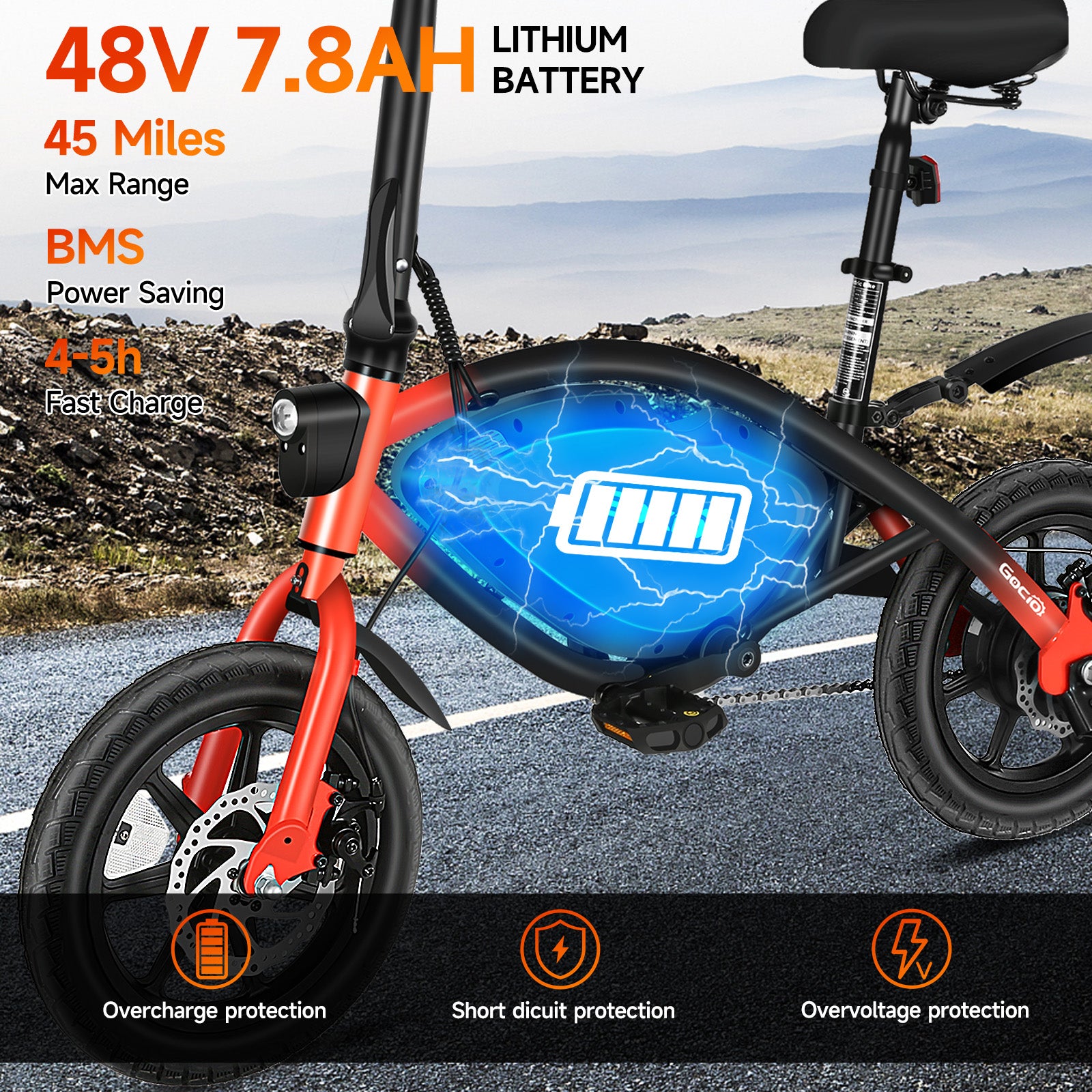Gocio 14" Foldable Electric Bike, 375Wh 48V Electric Bicycles for Adults Women Teens, Peak 500W City Commuter Cruiser Ebikes, LED Display, E bike One-Piece Tire with 5 Riding Modes UL2849