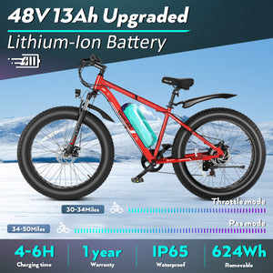 Gocio 26" 4.0 Fat Tire Electric Bike for Adults, 500W Adults E Bike, 48V 13Ah Battery, Max 22Mph Electric Mountain Bike Beach Bicycle Snow Bike Ebike for Men, Professional 7-Speed UL2849 - GOCIO