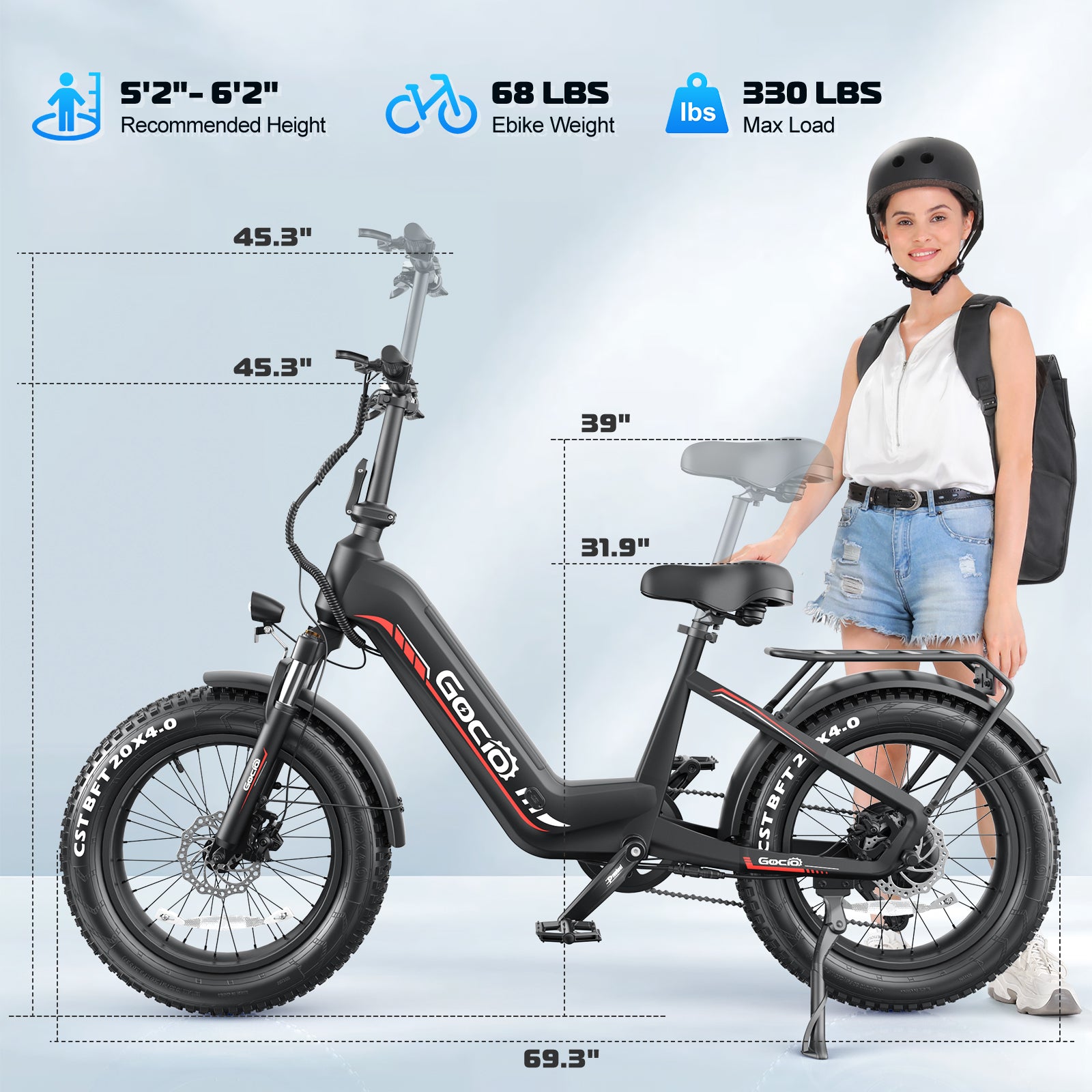 Gocio Electric Bike for Adults, Peak 1025W Mountain E Bike, 48V 13AH Removable Lithium-Ion Battery Ebikes, 20"x4.0" Fat Tire Electric Bicycles, 3A Fast Charge, up to 60 Miles Man Woman UL2849
