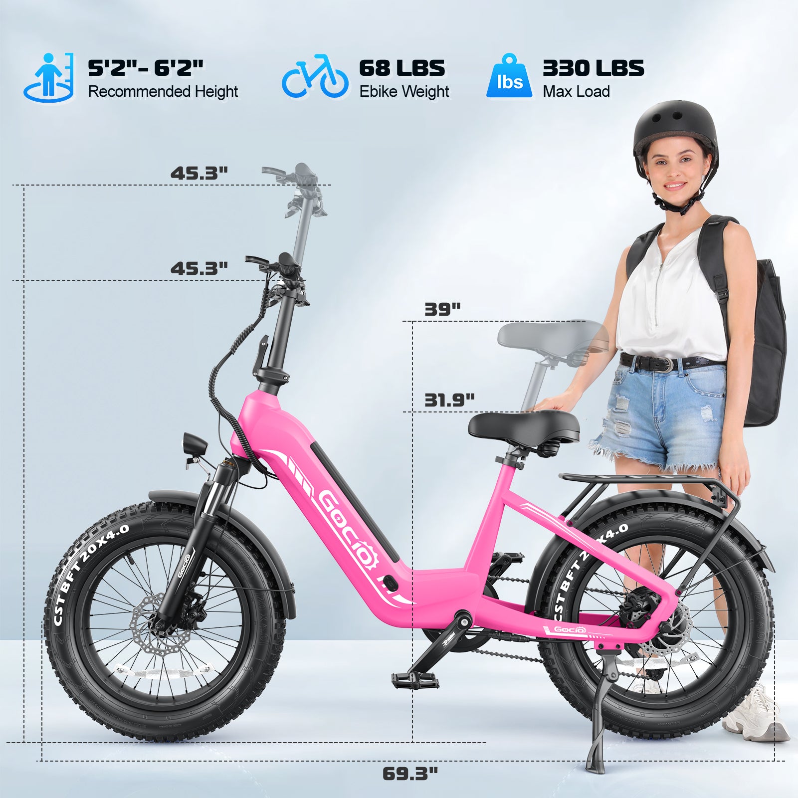 Gocio Electric Bike for Adults, Peak 1025W Mountain E Bike, 48V 13AH Removable Lithium-Ion Battery Ebikes, 20"x4.0" Fat Tire Electric Bicycles, 3A Fast Charge, up to 60 Miles Man Woman UL2849