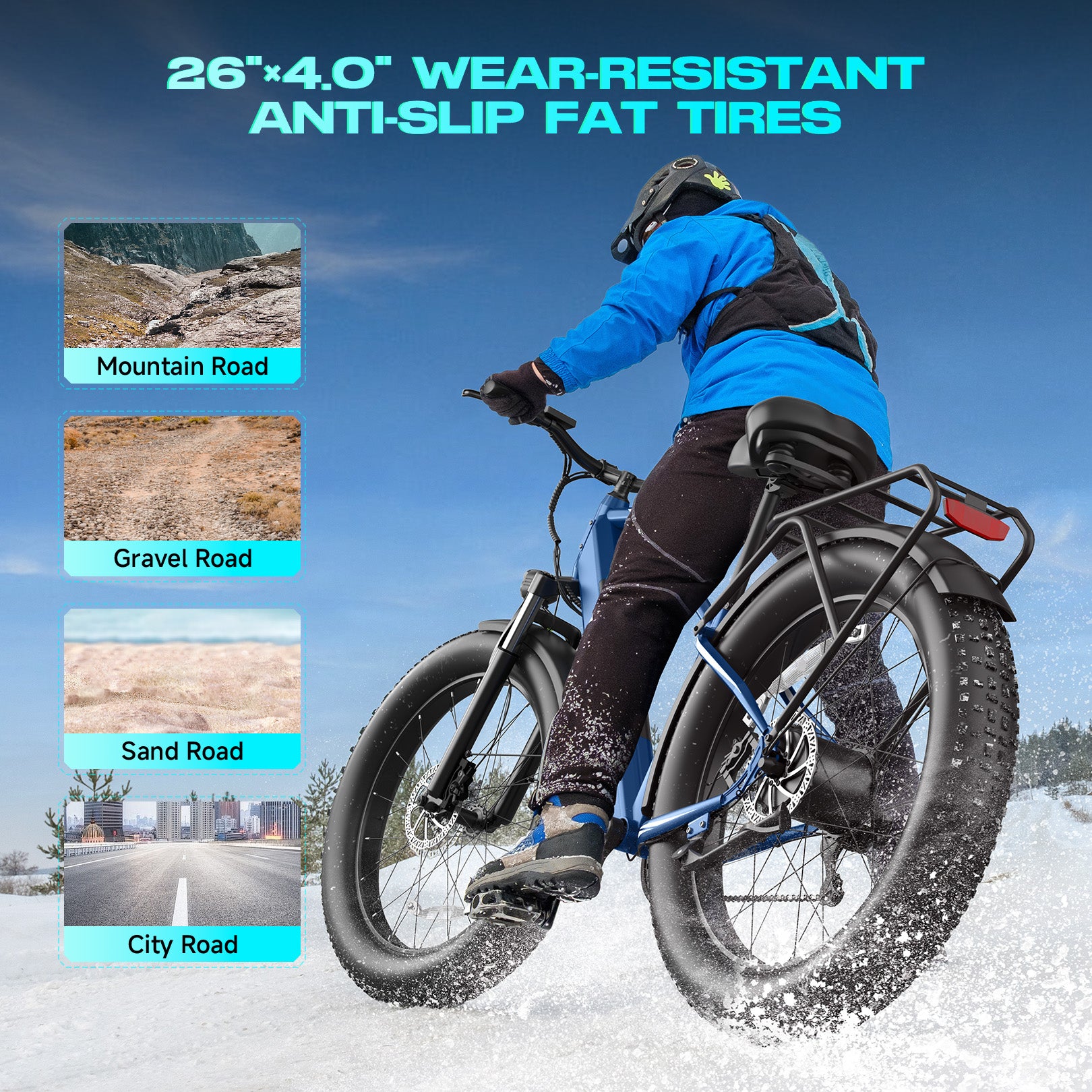 Bicicleta eléctrica de montaña Gocio Peak de 1000 W, 26" x 4.0", neumáticos anchos, batería de 48 V y 15 Ah, 45 km/h, para adultos, con luz trasera y modo crucero, ideal para todoterreno, arena y nieve, UL2849