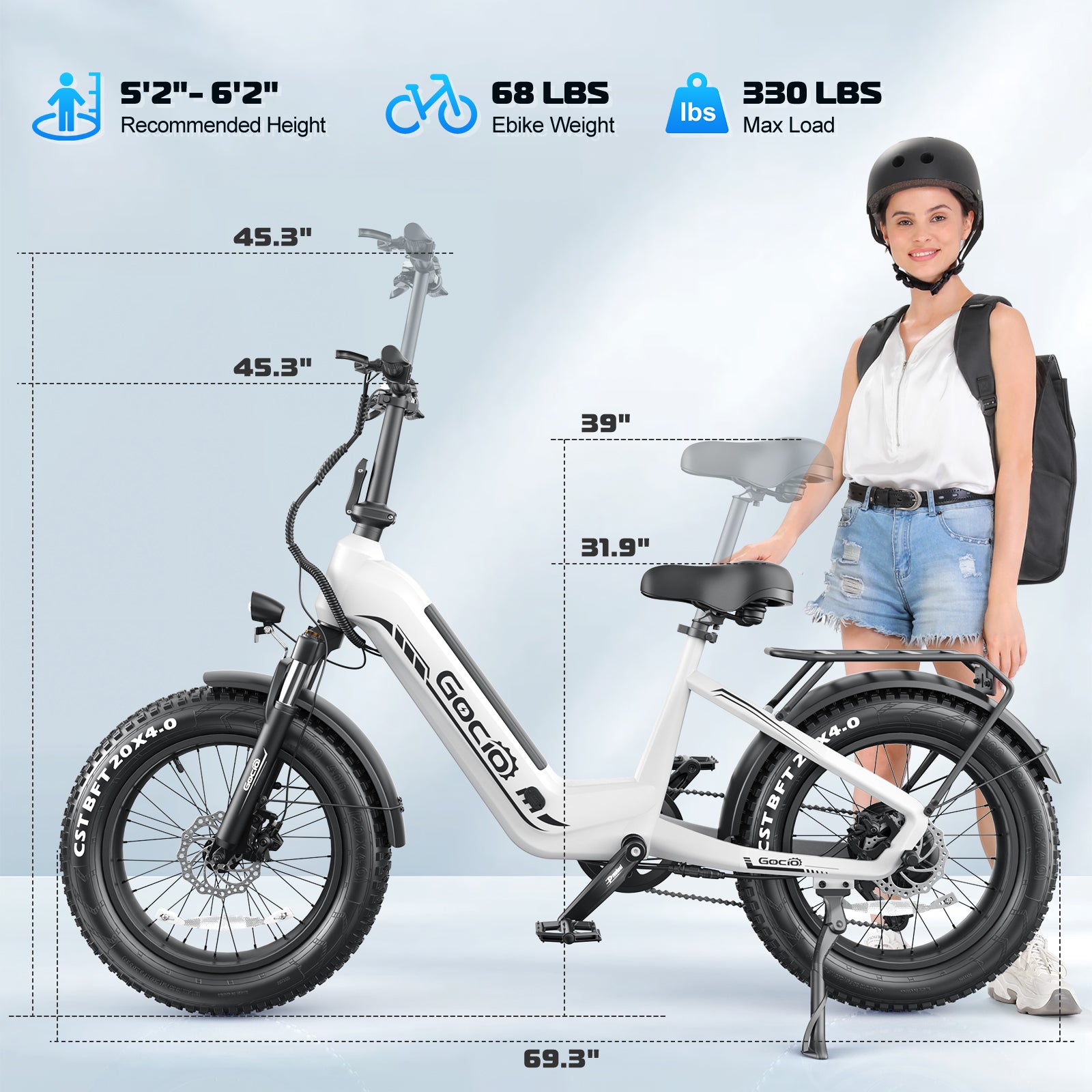 Gocio Electric Bike for Adults, Peak 1025W Mountain E Bike, 48V 13AH Removable Lithium-Ion Battery Ebikes, 20"x4.0" Fat Tire Electric Bicycles, 3A Fast Charge, up to 60 Miles Man Woman UL2849