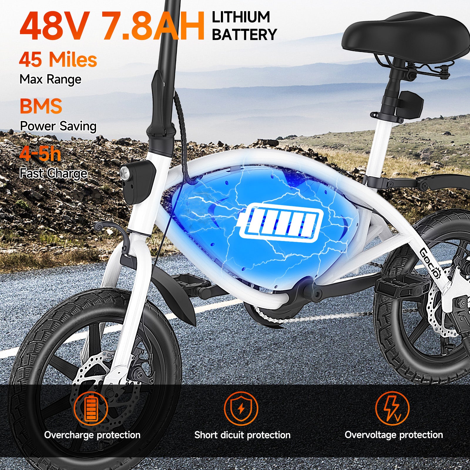 Gocio 14" Foldable Electric Bike, 375Wh 48V Electric Bicycles for Adults Women Teens, Peak 500W City Commuter Cruiser Ebikes, LED Display, E bike One-Piece Tire with 5 Riding Modes UL2849