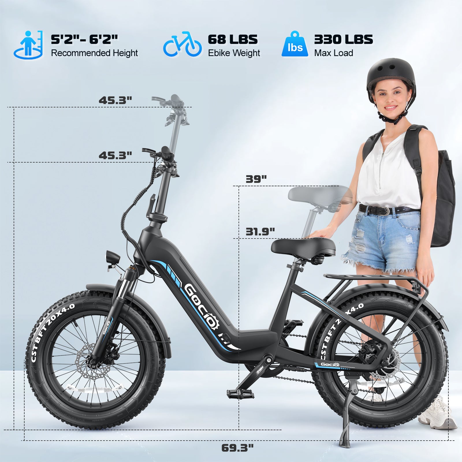 Gocio Electric Bike for Adults, Peak 1025W Mountain E Bike, 48V 13AH Removable Lithium-Ion Battery Ebikes, 20"x4.0" Fat Tire Electric Bicycles, 3A Fast Charge, up to 60 Miles Man Woman UL2849