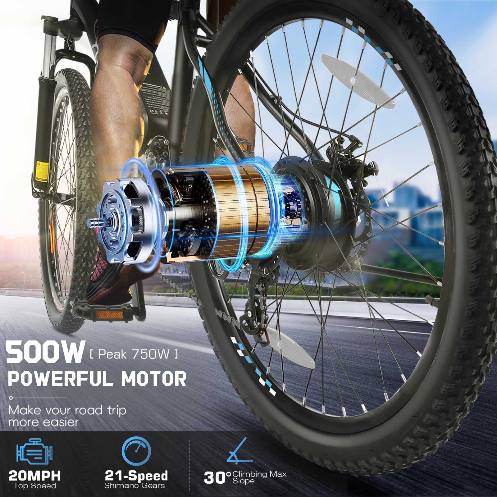Gocio 500W 26" Electric Bike, 2.1" Electric Mountain Bike for Adults, 499Wh 48V 10.4Ah Battery 19.8MPH 3H Fast Charge Ebike, LCD Display, Lockable Suspension Fork, Shimano 21 Speed UL2849