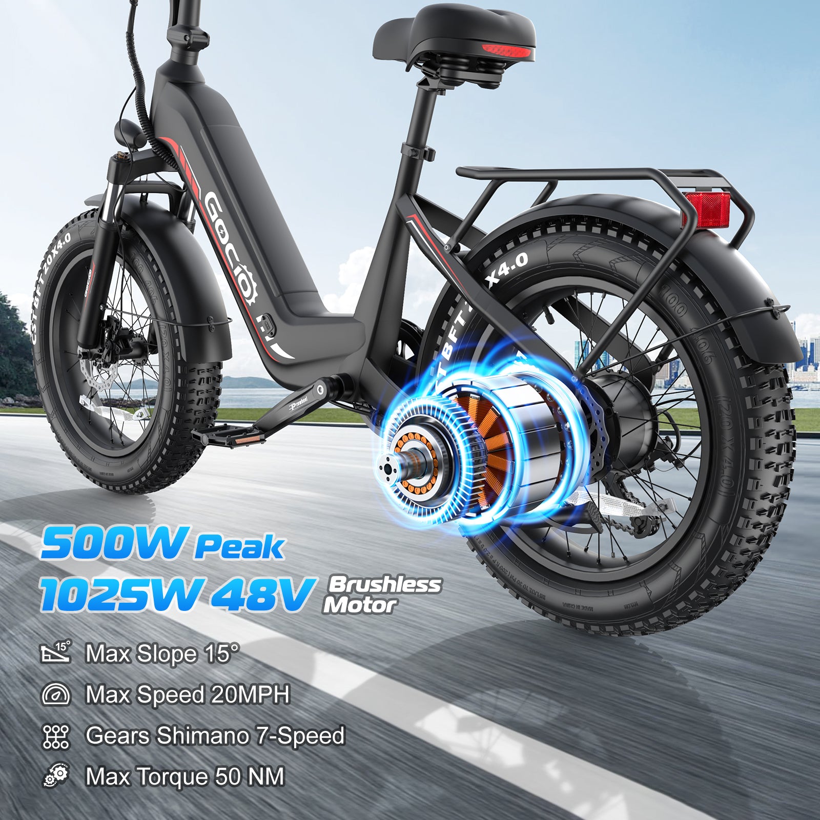 Gocio Electric Bike for Adults, Peak 1025W Mountain E Bike, 48V 13AH Removable Lithium-Ion Battery Ebikes, 20"x4.0" Fat Tire Electric Bicycles, 3A Fast Charge, up to 60 Miles Man Woman UL2849