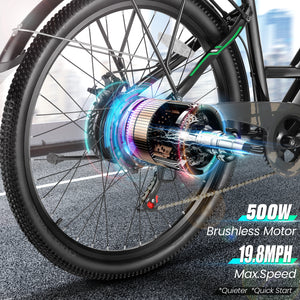 Gocio 500W 26" Electric Bike 48V Electric Bicycle for Adults, 19.8mph Cruiser Ebike, Electric Commuter Bike with Carrier Rack, Low Step Frame Shimano 7 Speed for Men Women Senior UL 2849 - GOCIO