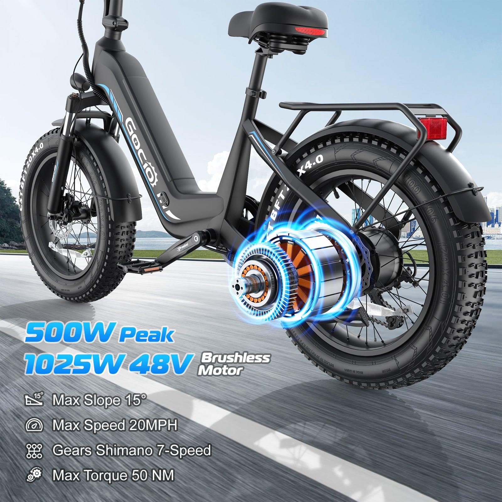 Gocio Electric Bike for Adults, Peak 1025W Mountain E Bike, 48V 13AH Removable Lithium-Ion Battery Ebikes, 20"x4.0" Fat Tire Electric Bicycles, 3A Fast Charge, up to 60 Miles Man Woman UL2849 - GOCIO