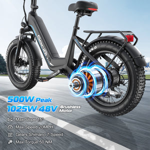 Gocio Electric Bike for Adults, Peak 1025W Mountain E Bike, 48V 13AH Removable Lithium-Ion Battery Ebikes, 20"x4.0" Fat Tire Electric Bicycles, 3A Fast Charge, up to 60 Miles Man Woman UL2849 - GOCIO