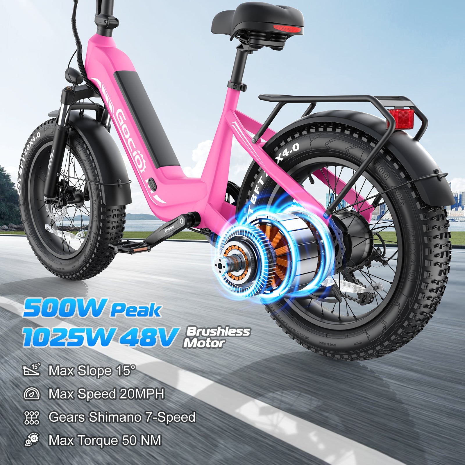 Gocio Electric Bike for Adults, Peak 1025W Mountain E Bike, 48V 13AH Removable Lithium-Ion Battery Ebikes, 20"x4.0" Fat Tire Electric Bicycles, 3A Fast Charge, up to 60 Miles Man Woman UL2849