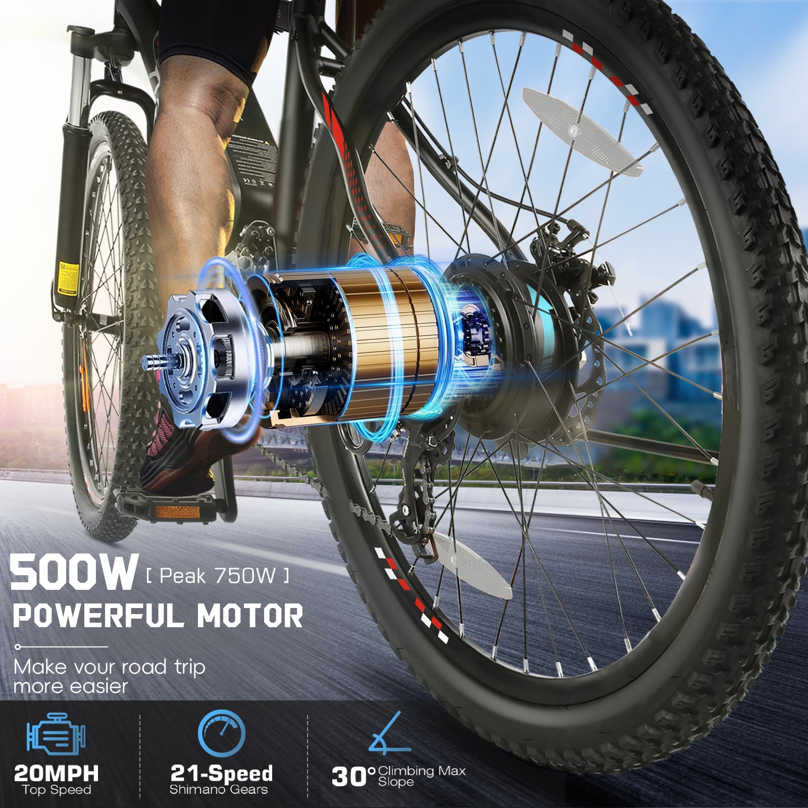 Gocio 500W 26" Electric Bike, 2.1" Electric Mountain Bike for Adults, 499Wh 48V 10.4Ah Battery 19.8MPH 3H Fast Charge Ebike, LCD Display, Lockable Suspension Fork, Shimano 21 Speed UL2849