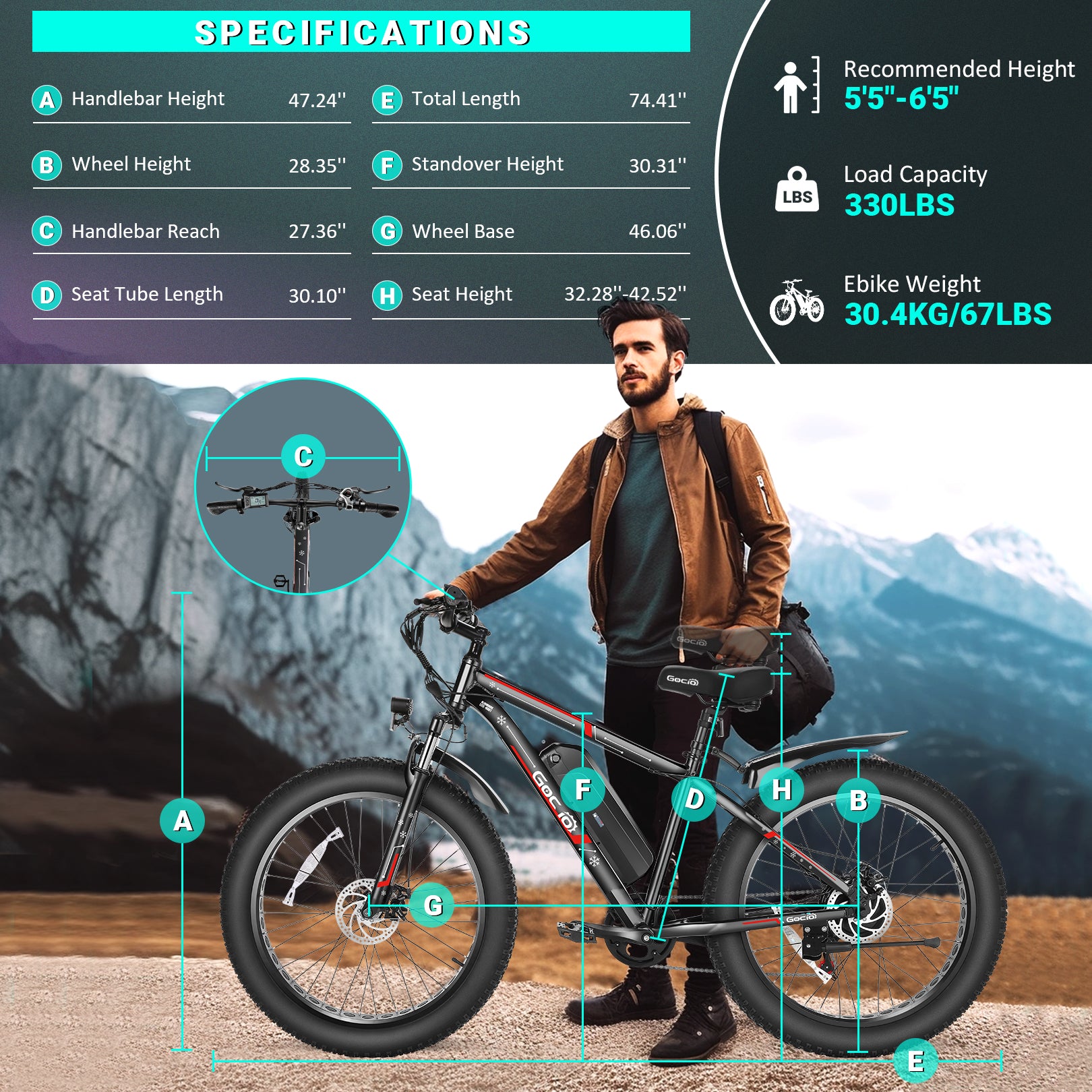 Gocio 26" 4.0 Fat Tire Electric Bike for Adults, 500W Adults E Bike, 48V 13Ah Battery, Max 22Mph Electric Mountain Bike Beach Bicycle Snow Bike Ebike for Men, Professional 7-Speed UL2849