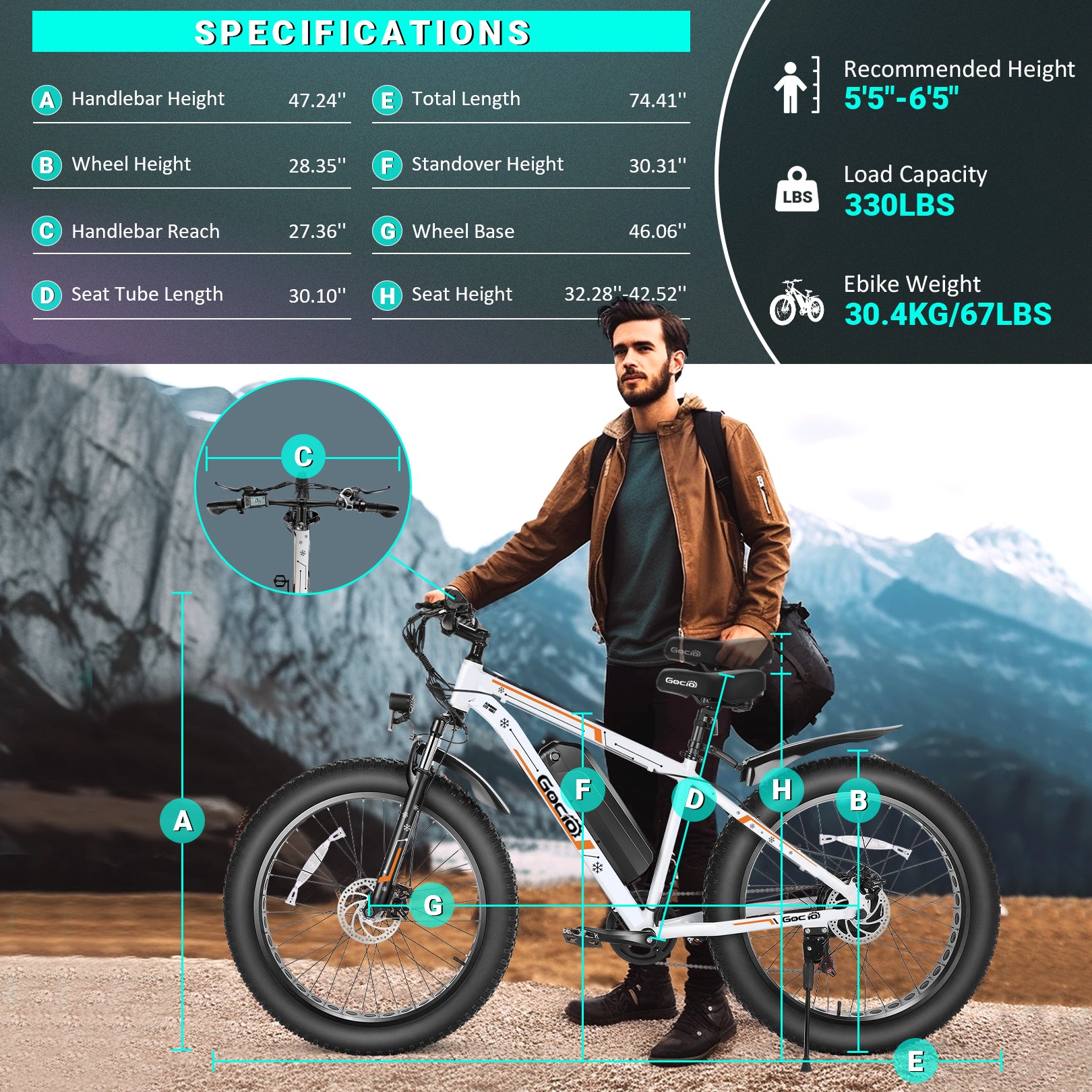 Gocio 26" 4.0 Fat Tire Electric Bike for Adults, 500W Adults E Bike, 48V 13Ah Battery, Max 22Mph Electric Mountain Bike Beach Bicycle Snow Bike Ebike for Men, Professional 7-Speed UL2849