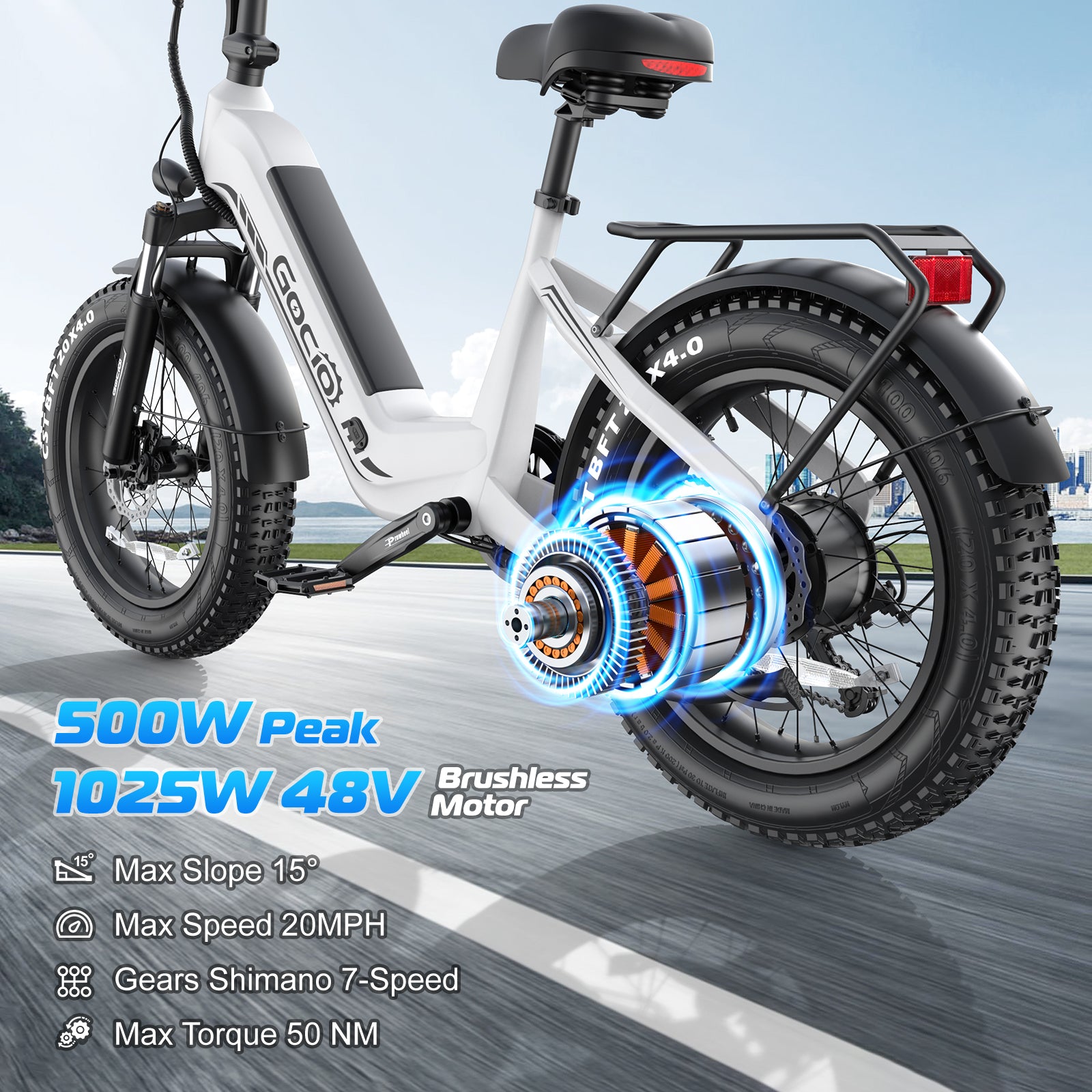 Gocio Electric Bike for Adults, Peak 1025W Mountain E Bike, 48V 13AH Removable Lithium-Ion Battery Ebikes, 20"x4.0" Fat Tire Electric Bicycles, 3A Fast Charge, up to 60 Miles Man Woman UL2849