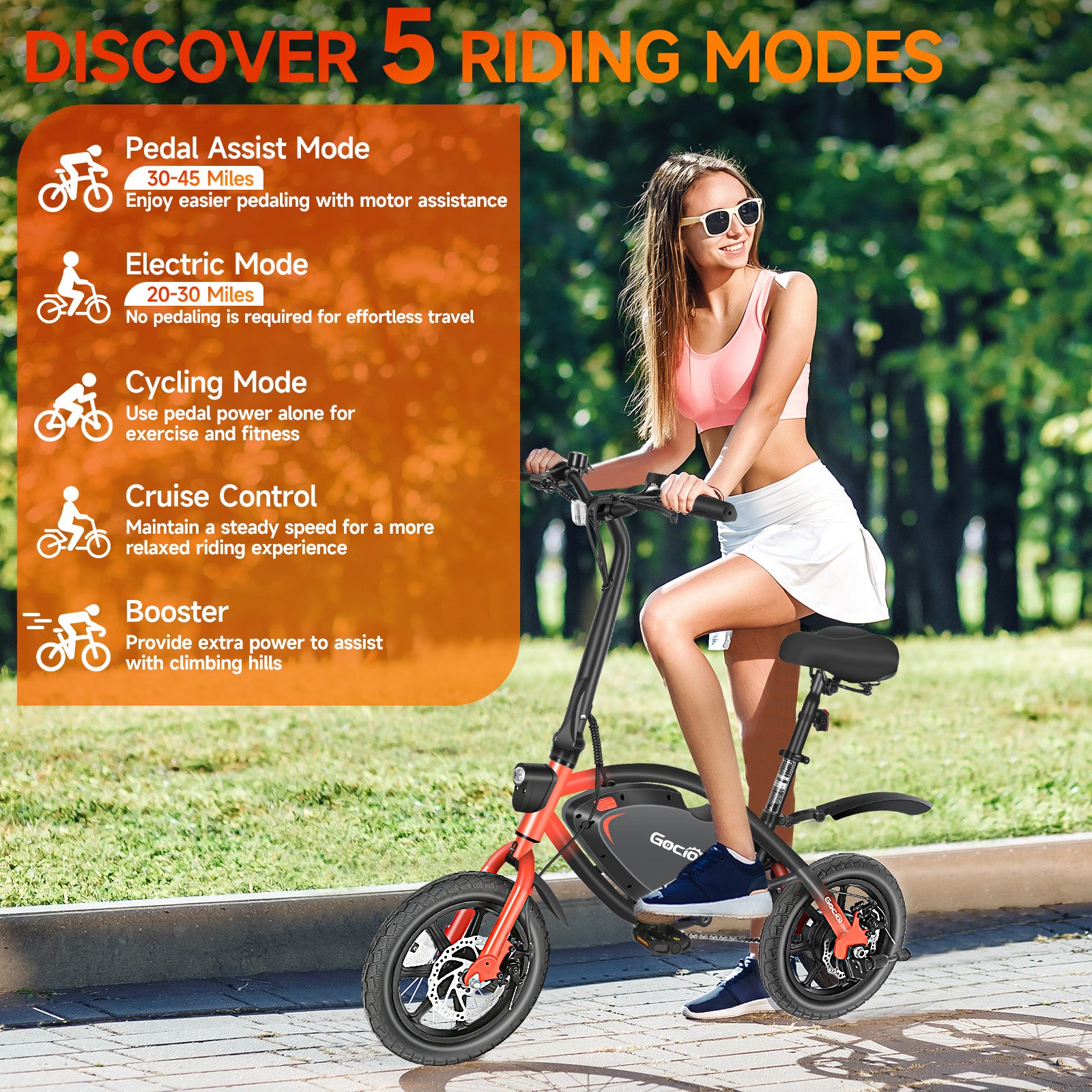 Gocio 14" Foldable Electric Bike, 375Wh 48V Electric Bicycles for Adults Women Teens, Peak 500W City Commuter Cruiser Ebikes, LED Display, E bike One-Piece Tire with 5 Riding Modes UL2849