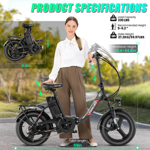 Gocio Electric Bike 3.0 Fat Tire Foldable Ebike, 48V 374.4Wh Battery, Peak 700W Folding Electric Bike, Lockable Suspension Fork, LCD, 16" One-Piece Tire Electric Bicycles for Women Adults UL2849 - GOCIO
