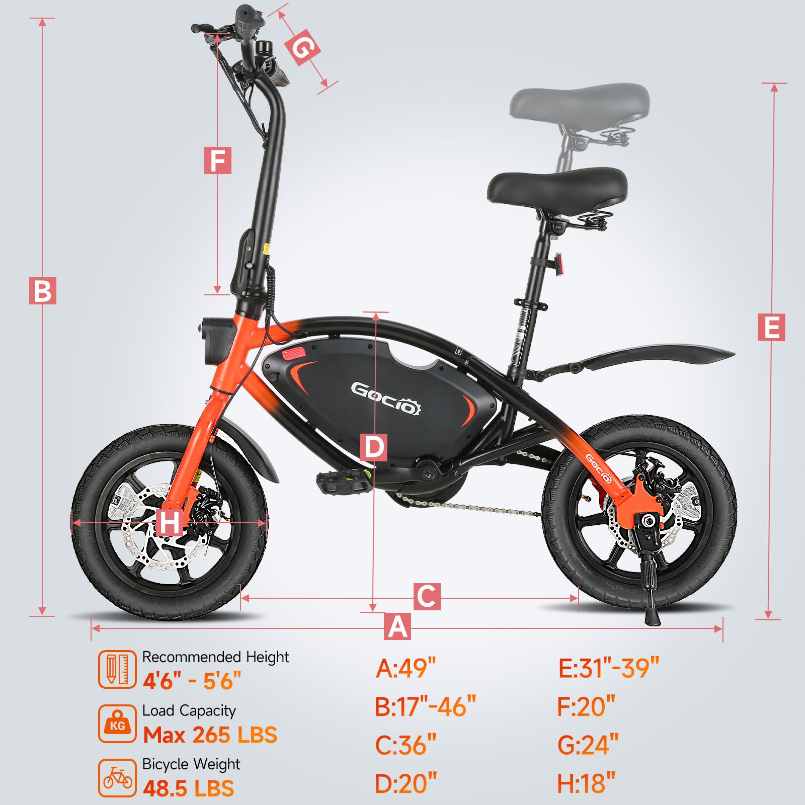 Gocio 14" Foldable Electric Bike, 375Wh 48V Electric Bicycles for Adults Women Teens, Peak 500W City Commuter Cruiser Ebikes, LED Display, E bike One-Piece Tire with 5 Riding Modes UL2849