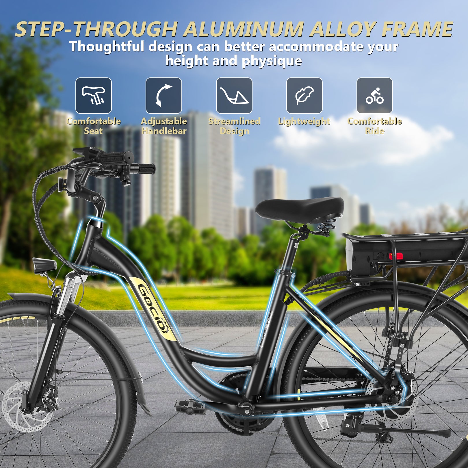 Gocio 26" Peak 700W Low Frame Electric Bike for Adults, Long-Lasting 48V 10.4Ah Battery, LCD Display, 5 Riding Modes, Headlight and Taillight, 7 Speeds Commuter Women Ebike, City Cruiser Ebike, Black