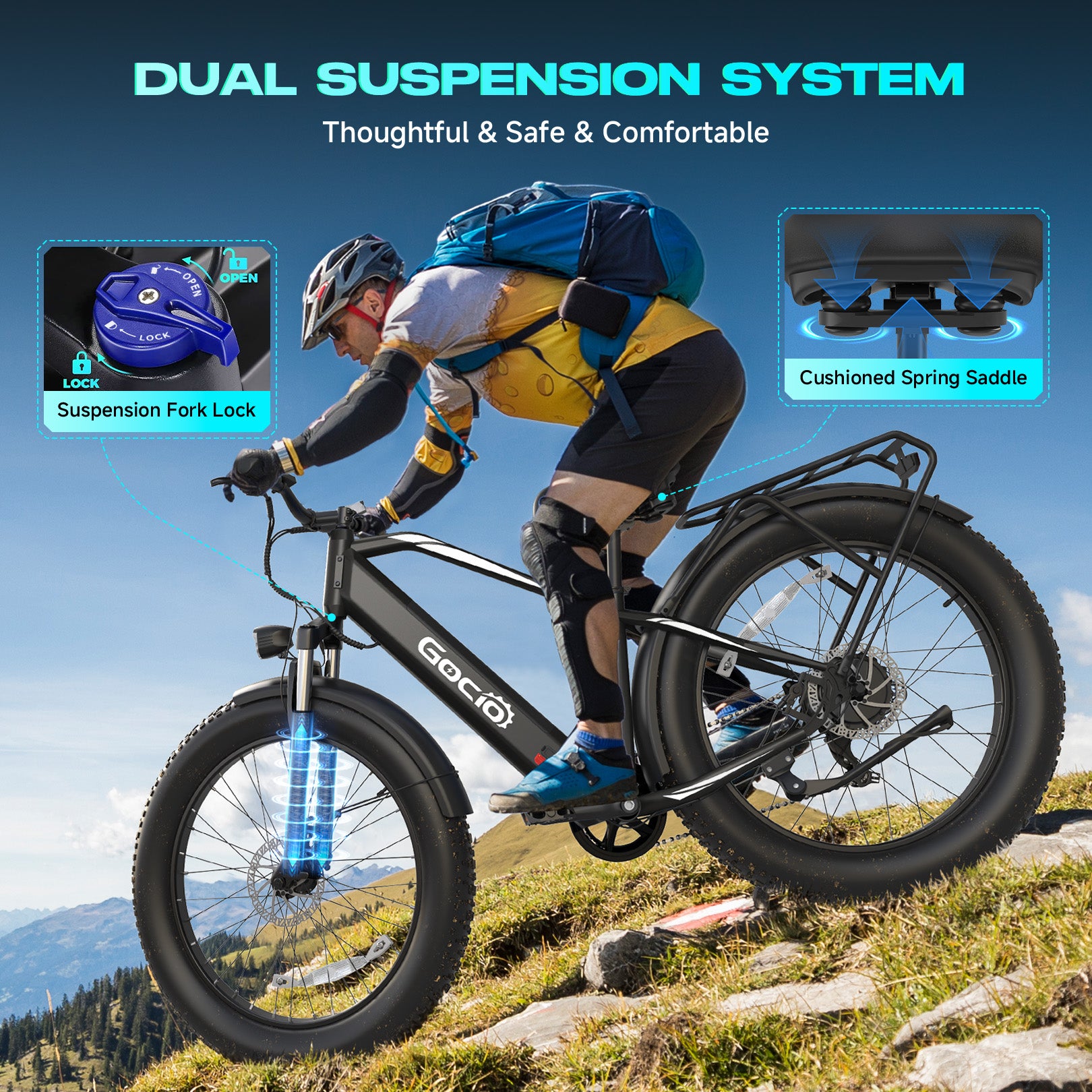 Bicicleta eléctrica de montaña Gocio Peak de 1000 W, 26" x 4.0", neumáticos anchos, batería de 48 V y 15 Ah, 45 km/h, para adultos, con luz trasera y modo crucero, ideal para todoterreno, arena y nieve, UL2849