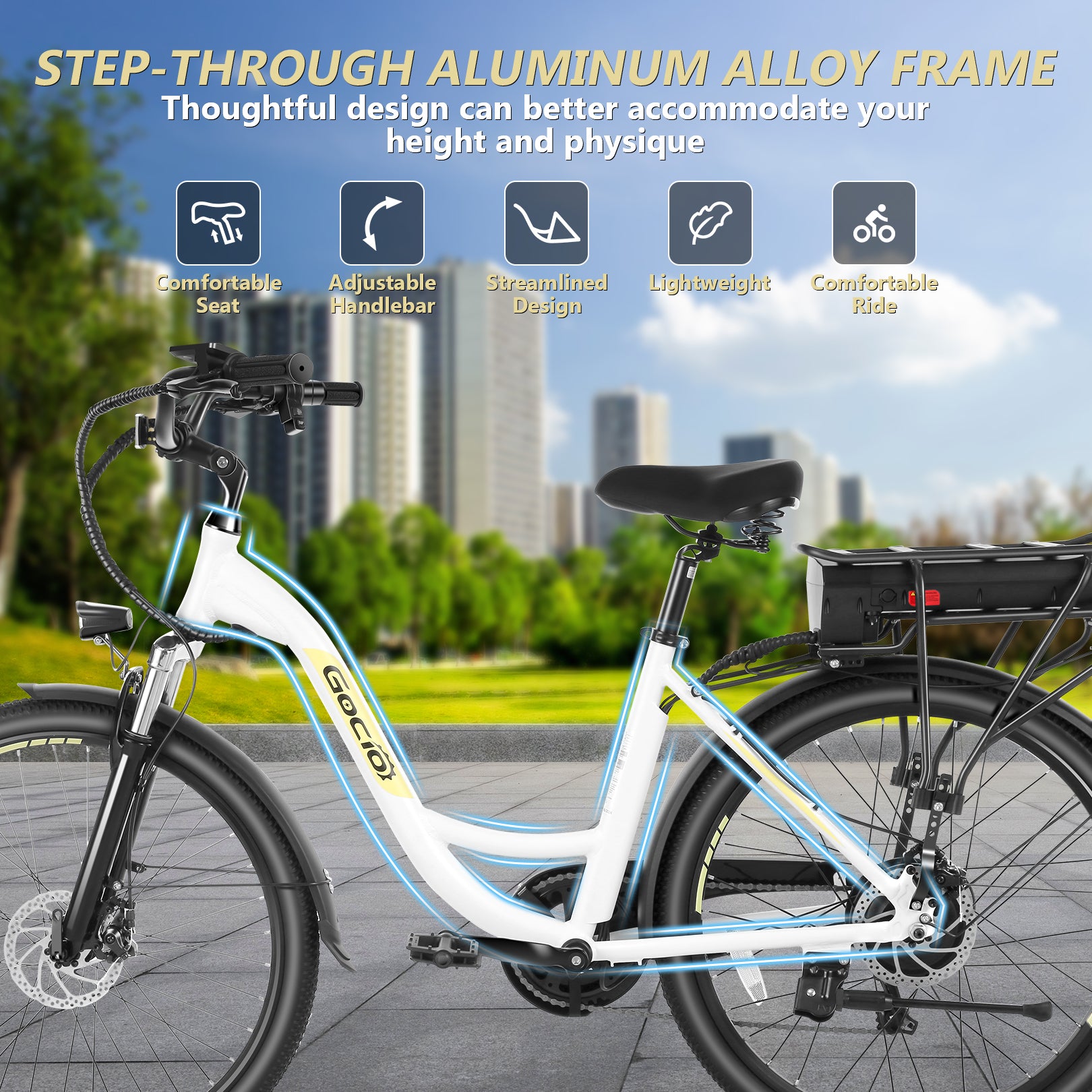 Gocio 26" Peak 700W Low Frame Electric Bike for Adults, Long-Lasting 48V 10.4Ah Battery, LCD Display, 5 Riding Modes, Headlight and Taillight, 7 Speeds Commuter Women Ebike, City Cruiser Ebike, Black