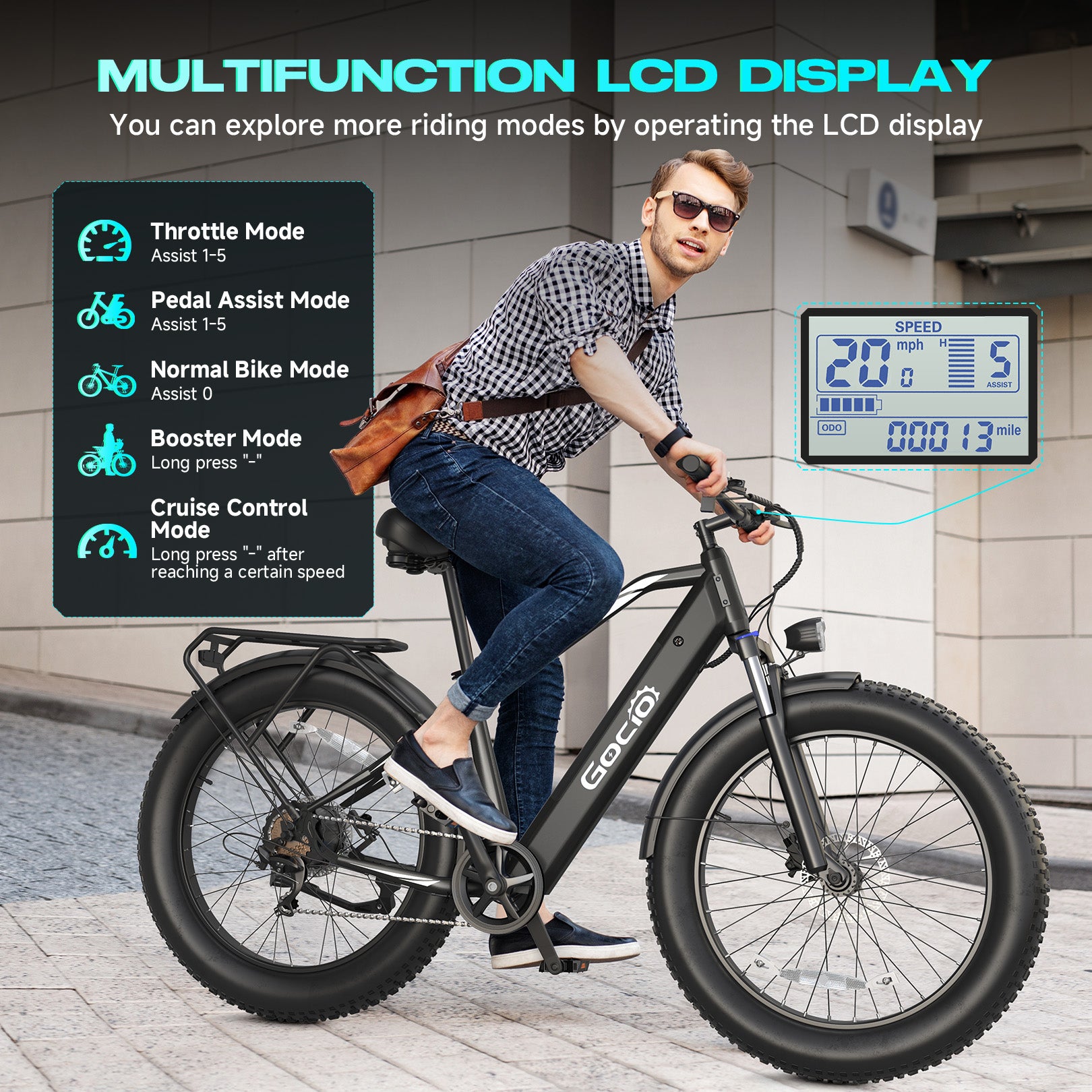 Gocio Peak 1000W Electric Mountain Bike, 26" x 4.0" Fat Tire Electric Bike, 48V 15Ah Battery, 28MPH Adult Electric Bicycle with Taillight, Control Cruise Mode, Ebike for Off Road, Sand, Snow, UL2849 - GOCIO