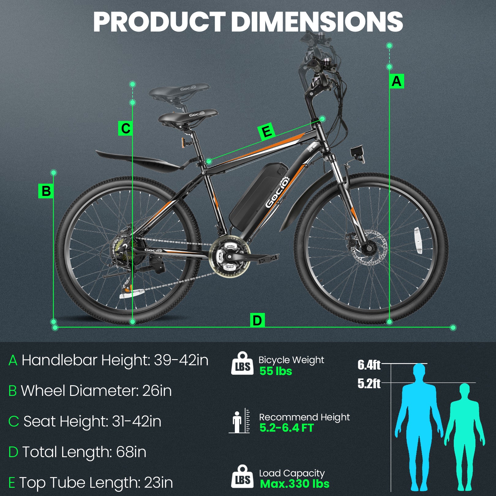 Gocio 500W Electric Bike 26" Electric Bicycle for Adults Max 19.8mph Cruise Control System Ebike, Mountain Bike with Removable 48V 375Wh Lithium-Ion Battery, 21 Speed E Bicycle for Man Woman UL2849 - GOCIO
