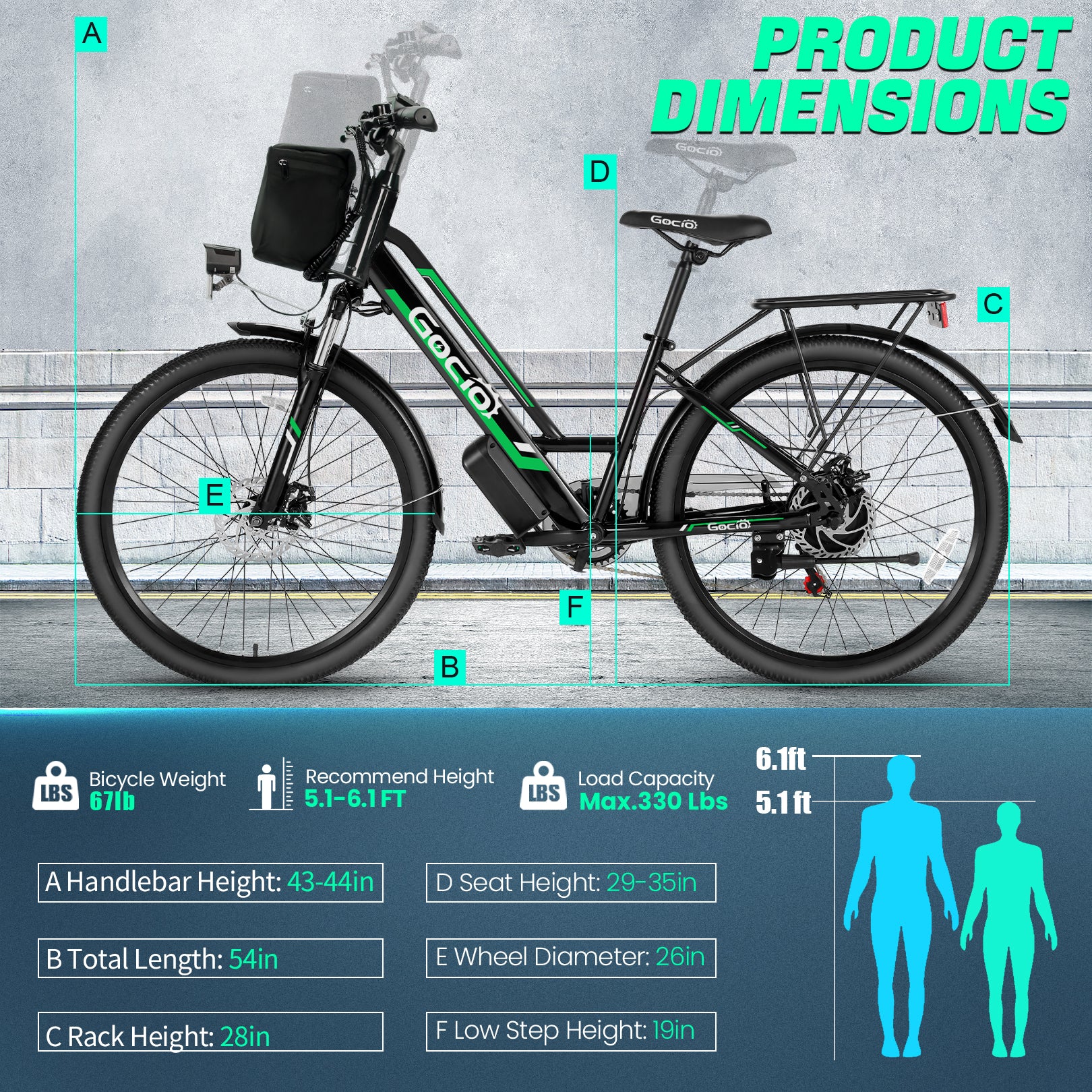 Gocio 500W 26" Electric Bike 48V Electric Bicycle for Adults, 19.8mph Cruiser Ebike, Electric Commuter Bike with Carrier Rack, Low Step Frame Shimano 7 Speed for Men Women Senior UL 2849