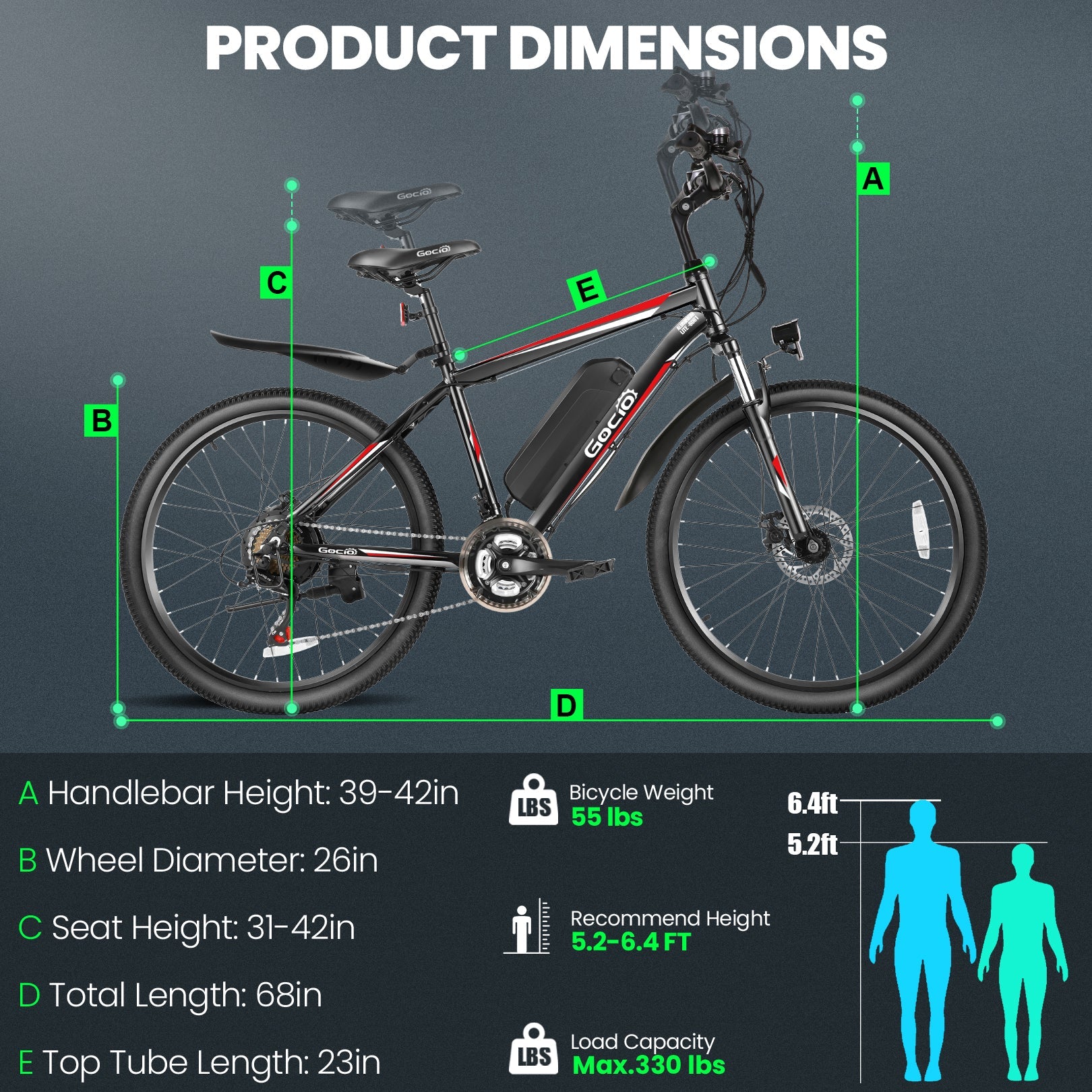 Gocio Electric Bike 500W Adult Electric Mountain Bike 26" Off Road Electric Bicycle 21 Speed Commuter E-Bike Max 19.8mph with 48V 375Wh Battery UL2849 - GOCIO