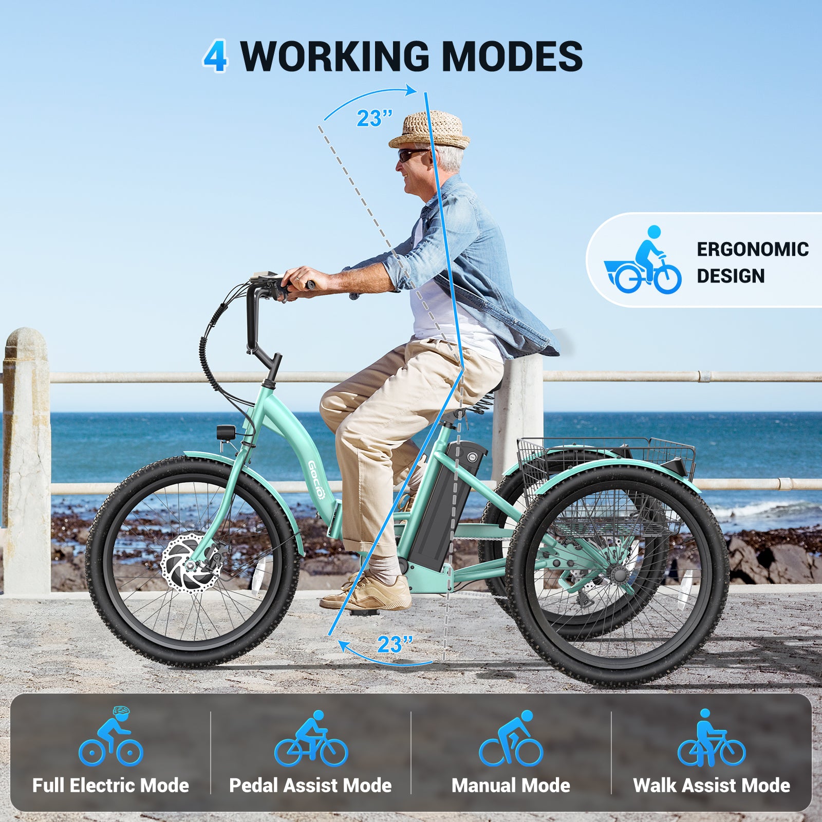 electric three wheel bicycles Gocio Electric Tricycle for Adults, Peak 500w Motor Electric Trike 48V 10.4ah Ul2849 Battery, Cargo Motorized Tricycle, Shimano 7 Gears 3-Wheel