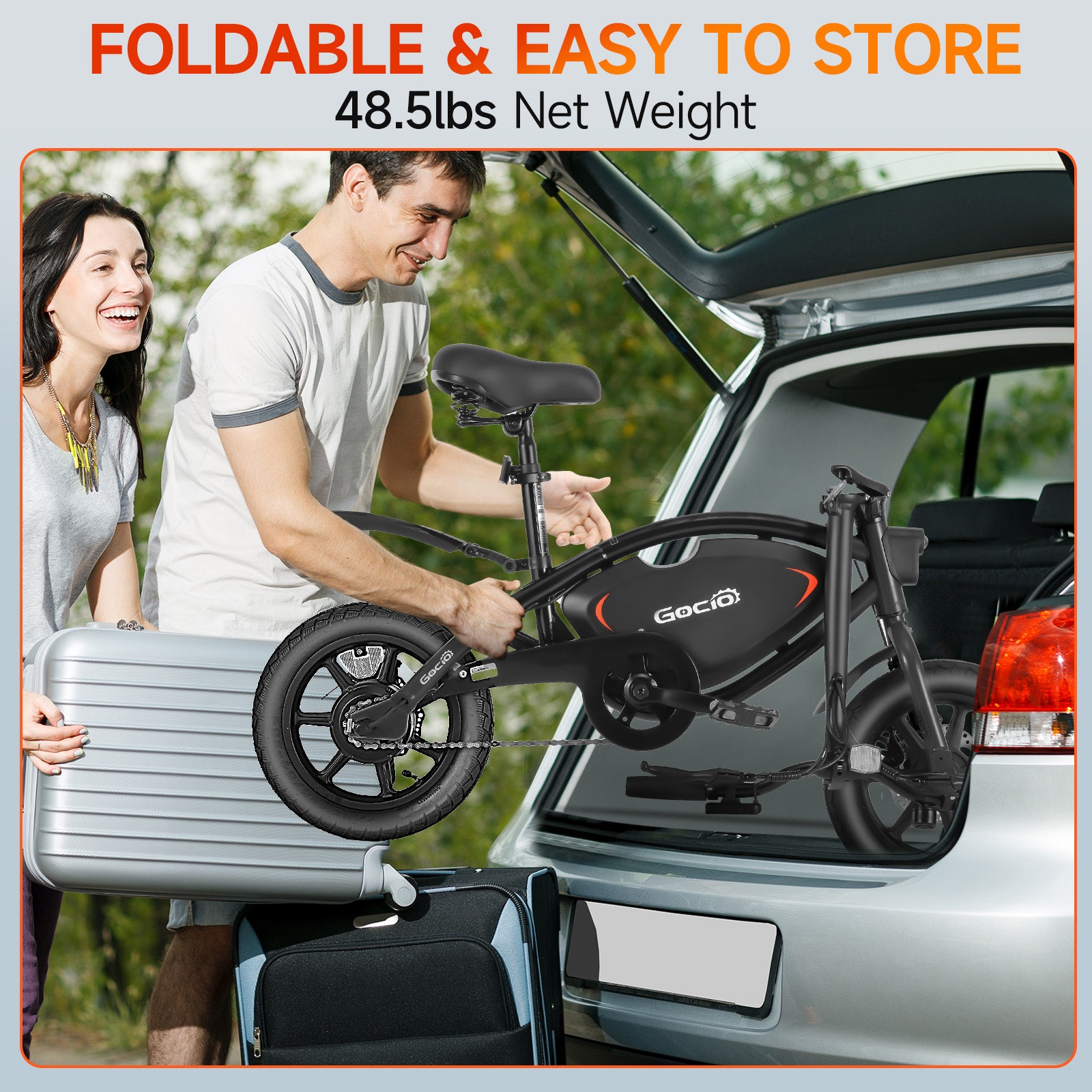 Gocio 14" Foldable Electric Bike, 375Wh 48V Electric Bicycles for Adults Women Teens, Peak 500W City Commuter Cruiser Ebikes, LED Display, E bike One-Piece Tire with 5 Riding Modes UL2849