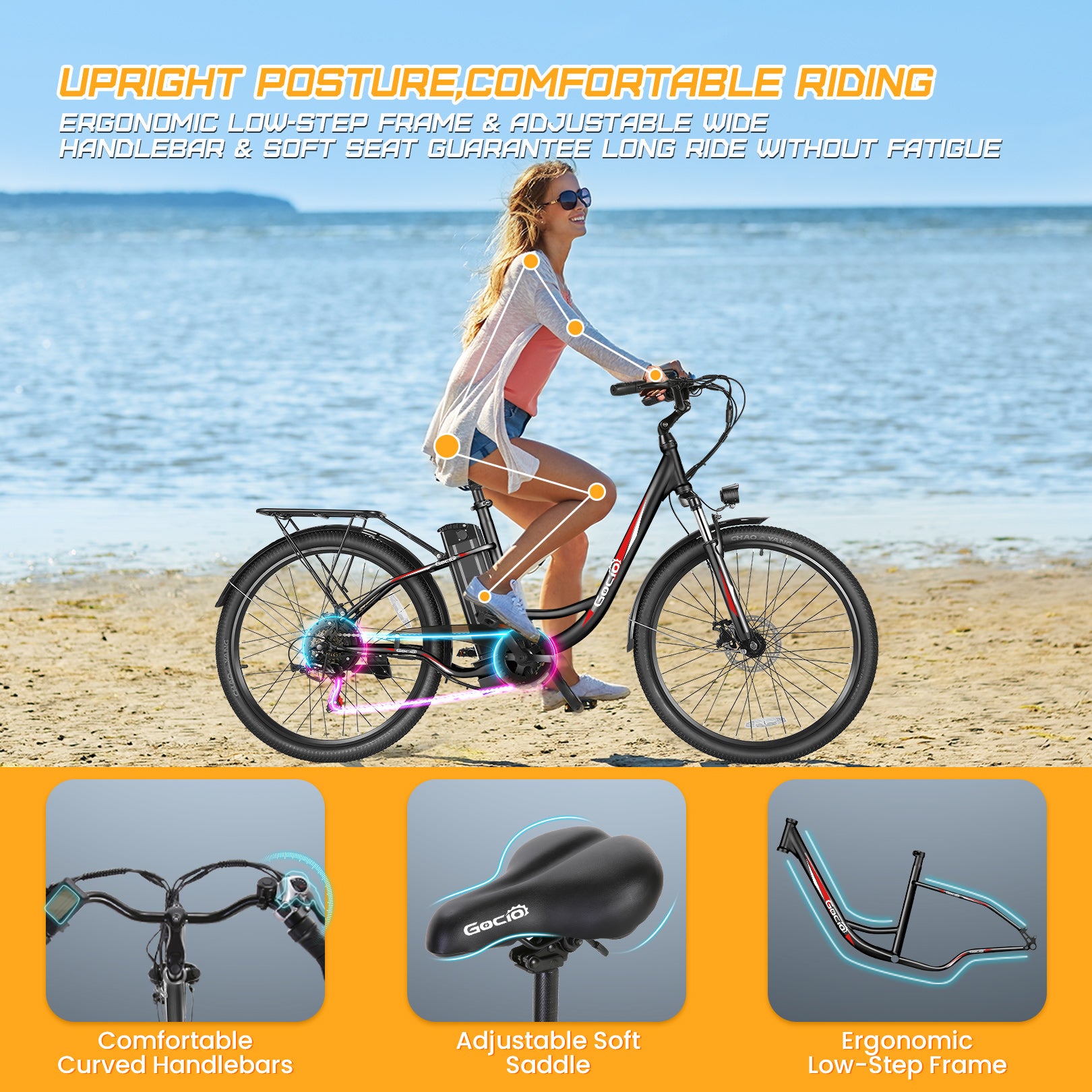 Gocio 26 in. Electric Bicycle 500W Electric Hybrid Bike, 48V Adjustable City Ebike for Adults, Suspension Fork, Max 19.8MPH, 7 Speed Gears Electric Commuter Bike for Men and Women, UL2849 - GOCIO