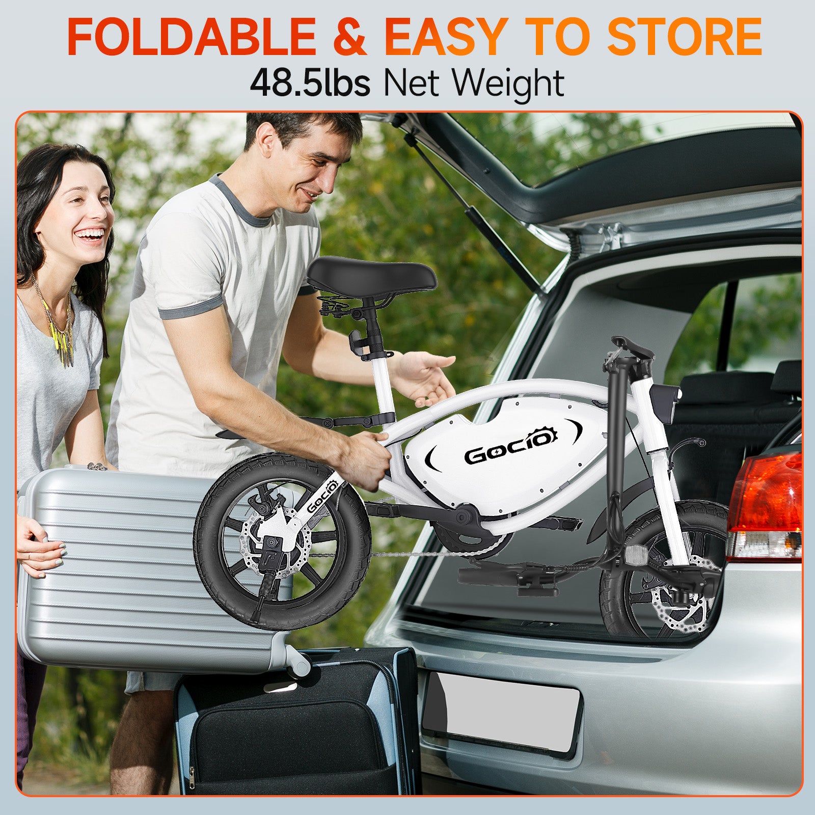 Gocio 14" Foldable Electric Bike, 375Wh 48V Electric Bicycles for Adults Women Teens, Peak 500W City Commuter Cruiser Ebikes, LED Display, E bike One-Piece Tire with 5 Riding Modes UL2849