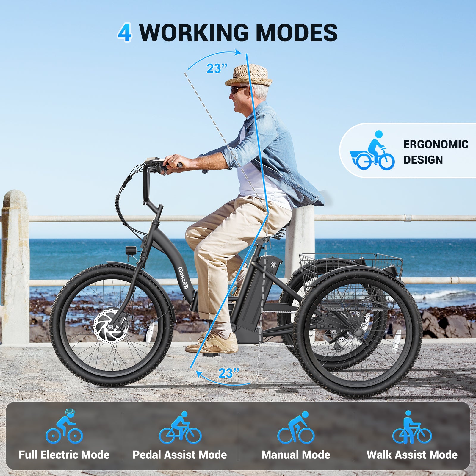 Gocio Electric Tricycle for Adults, Peak 500W Motor Electric Trike 48V 10.4AH UL2849 Battery, Cargo Motorized Tricycle, Shimano 7 Gears 3-Wheel Electric Bike for Adults & Seniors