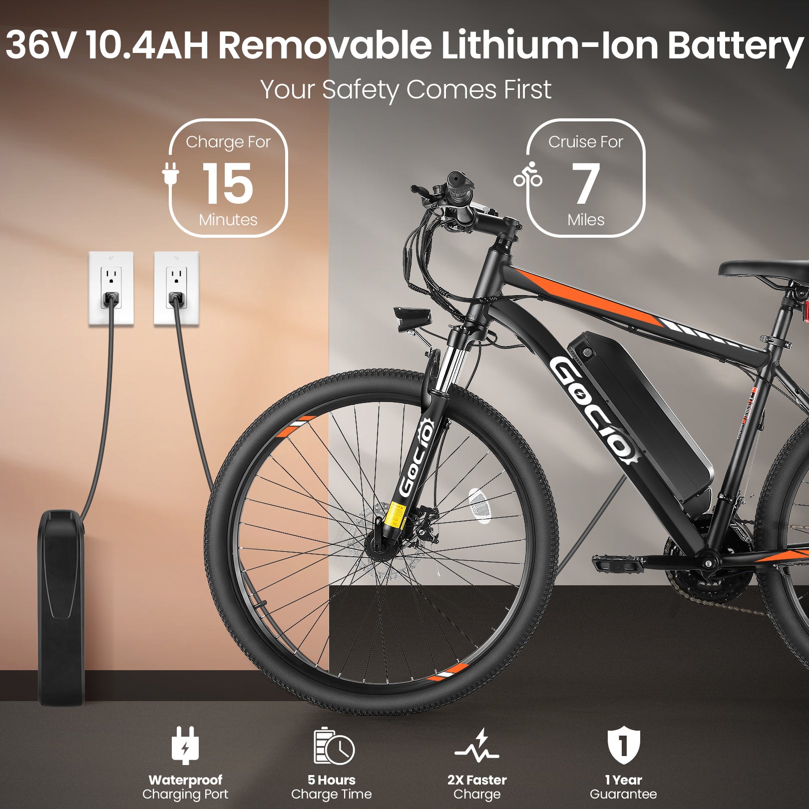 Gocio 26" Electric Bike, 350W Electric Bike for Adults 19.8MPH Electric Mountain Bike, LCD, Lockable Suspension Fork, 374.4Wh 36V Battery UL2849, 21-Speed Mountain E-Bikes Adult Electric Bicycle - GOCIO